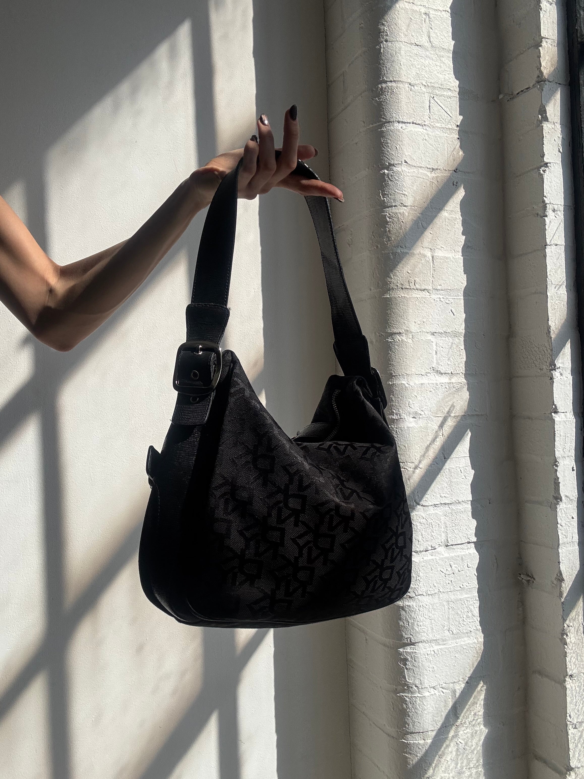 Vintage Y2K DKNY black monogram buckle shoulder bag