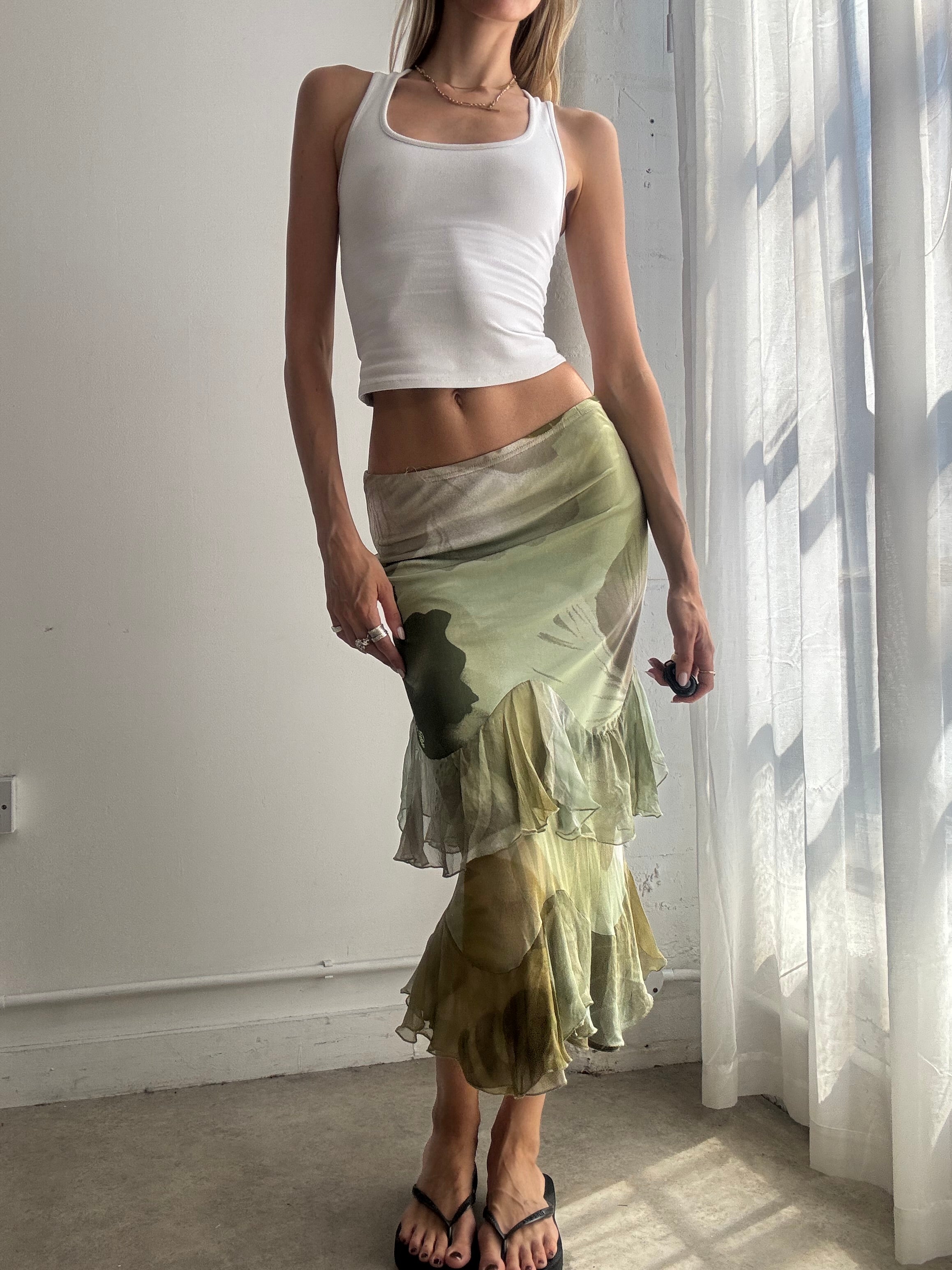 Vintage Sage Green Floral Ruffle Midi Skirt Y2K - Size XS/S