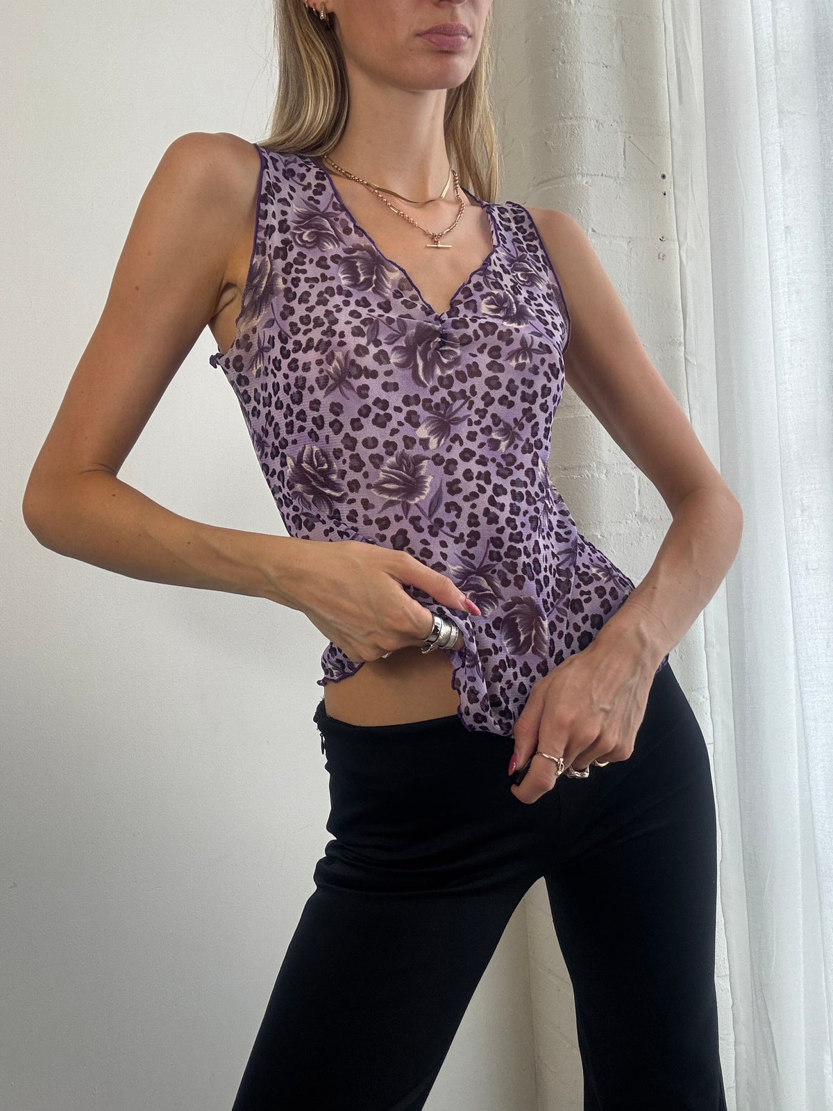 Vintage Y2K Purple Leopard & Floral Print Mesh Top - Size S