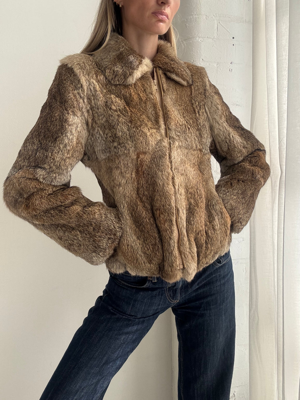 Vintage 90s Brown Real Fur Cropped Jacket - Size XS