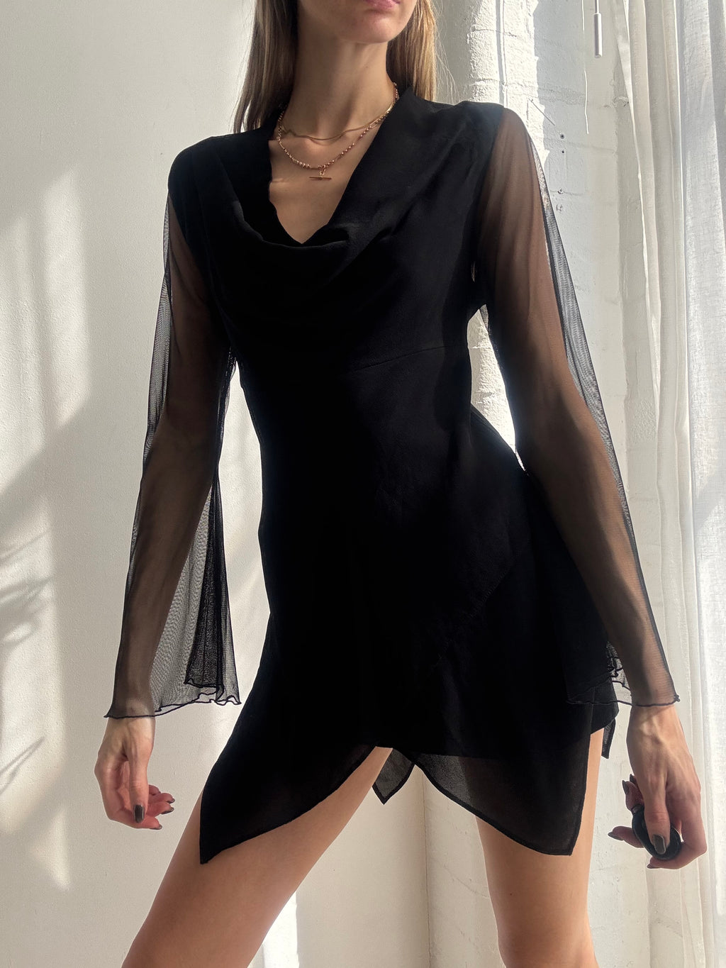 Vintage Y2K black sheer cowl neck mini dress / top - Size L