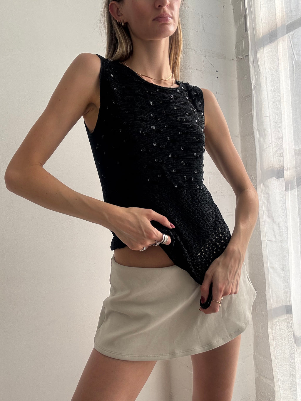 Vintage Y2k Crochet Boat Neck Top Sequin Black