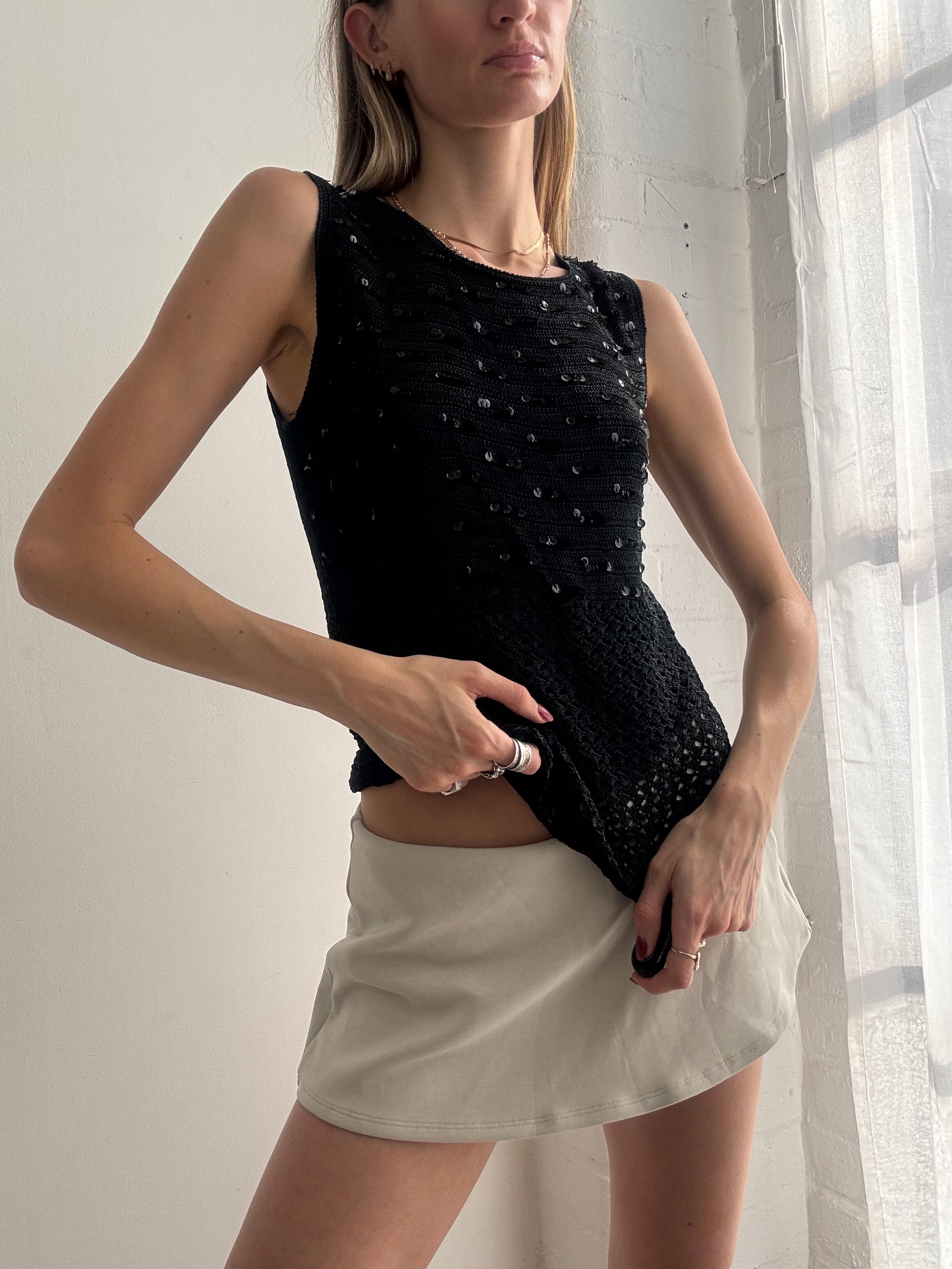 Vintage Y2k Crochet Boat Neck Top Sequin Black