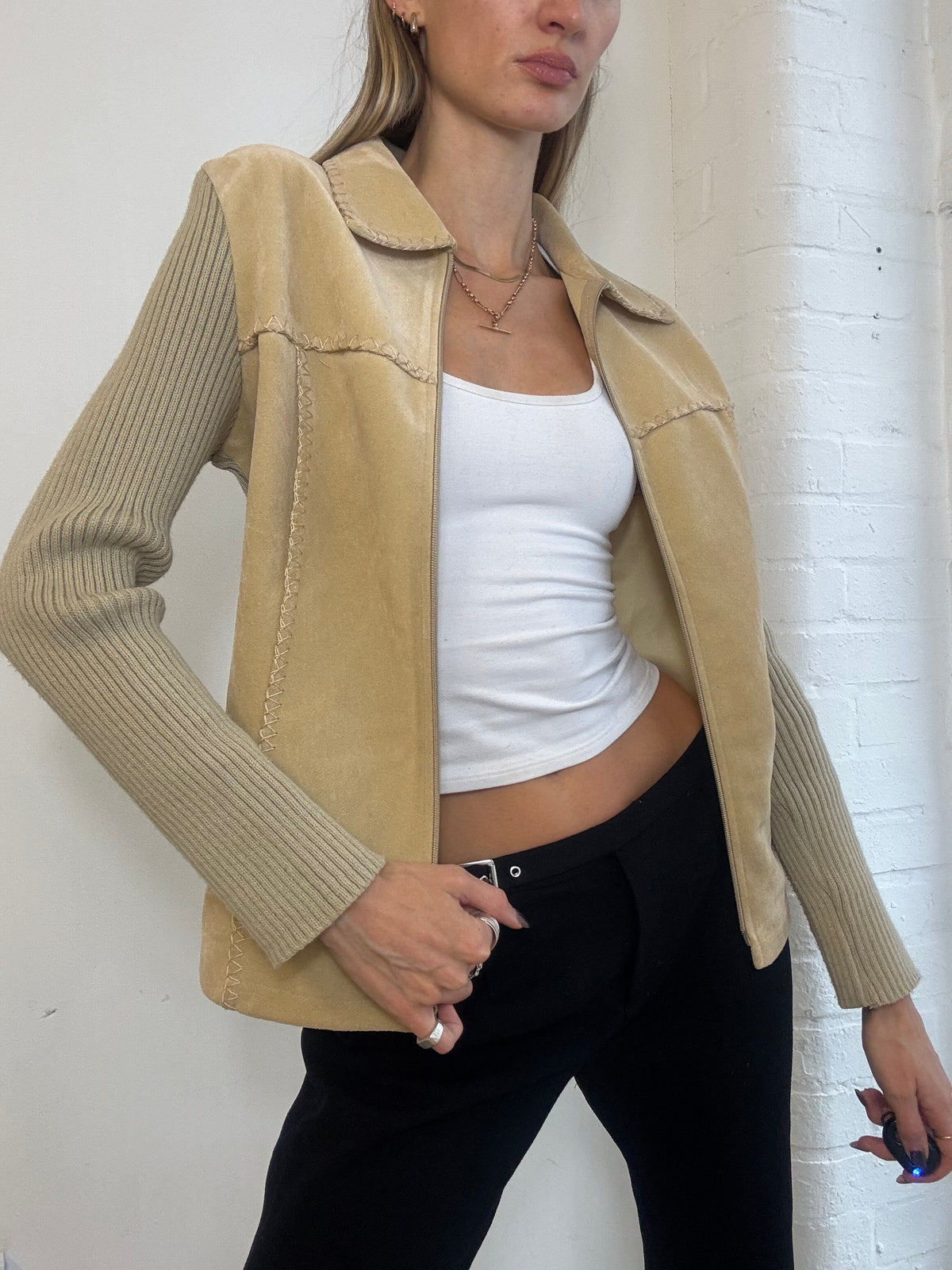 Vintage Y2K List Beige Faux Suede & Rib Knit Zip Jacket - Size M