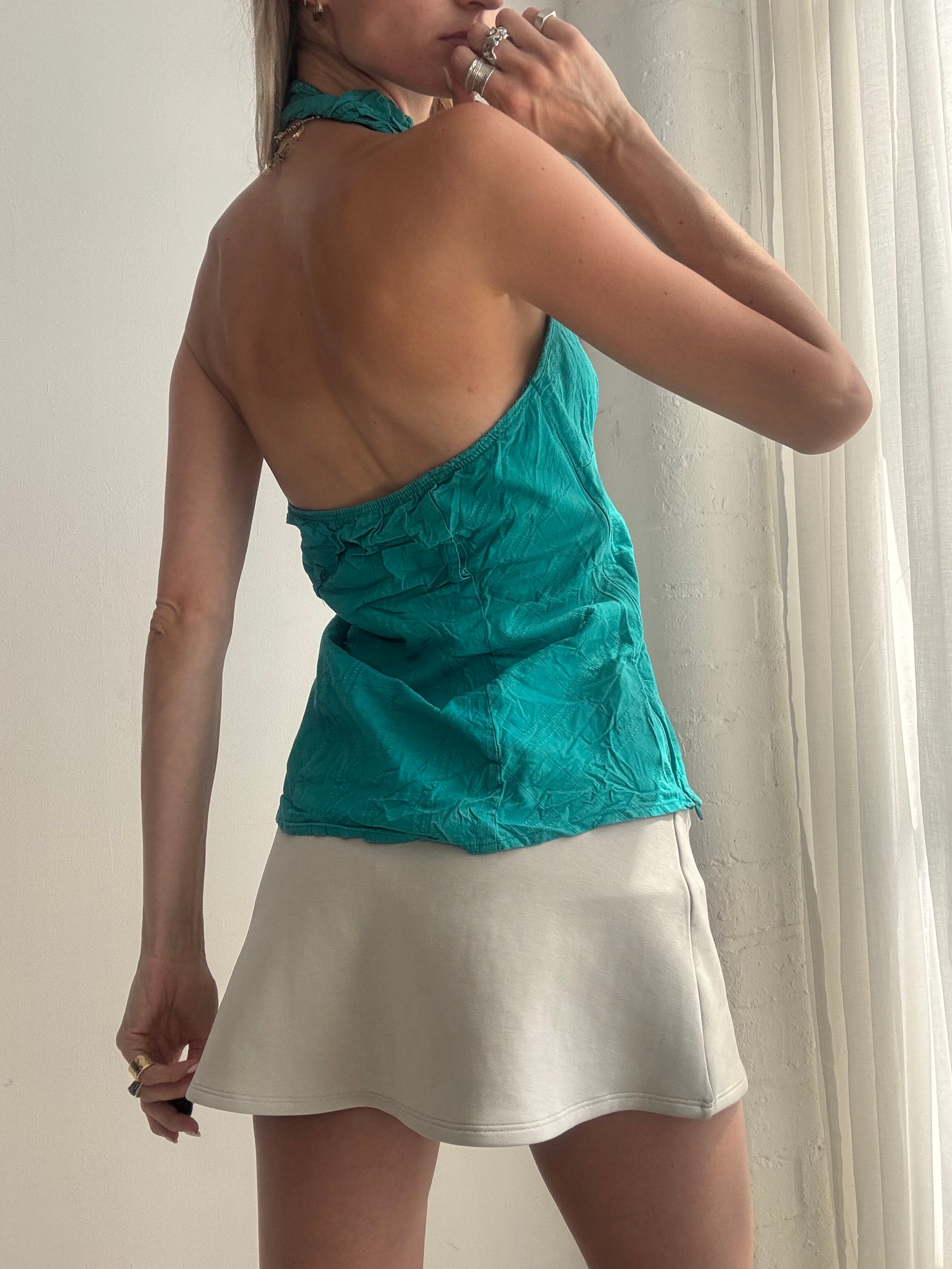 Vintage Y2K Turquoise Ruffle Halterneck Top - Size M