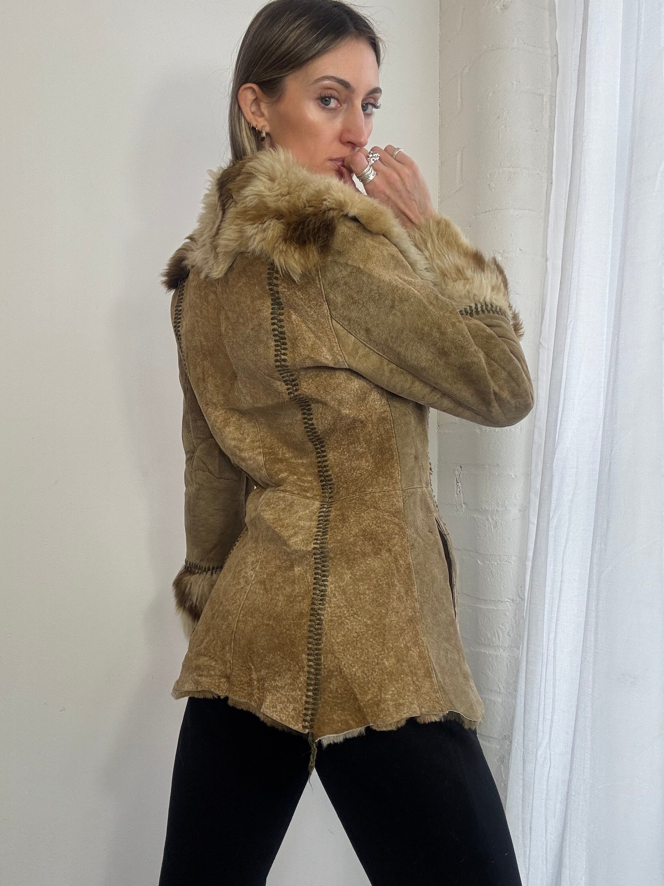Vintage Y2K brown suede & shearling fur Afghan coat
