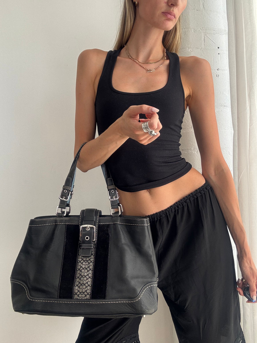 Vintage Y2K Coach Leather Shoulder Bag – Black Leather & Monogram Stripe Tote