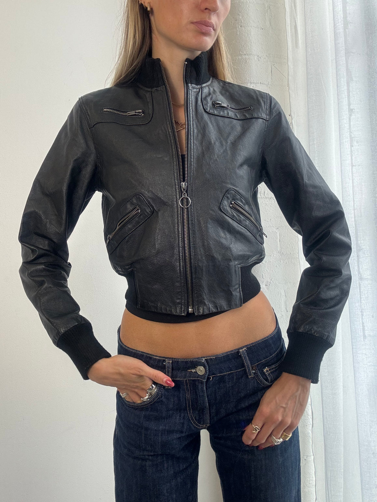 Vintage Y2K Black Leather Cropped Bomber Jacket - Size XS