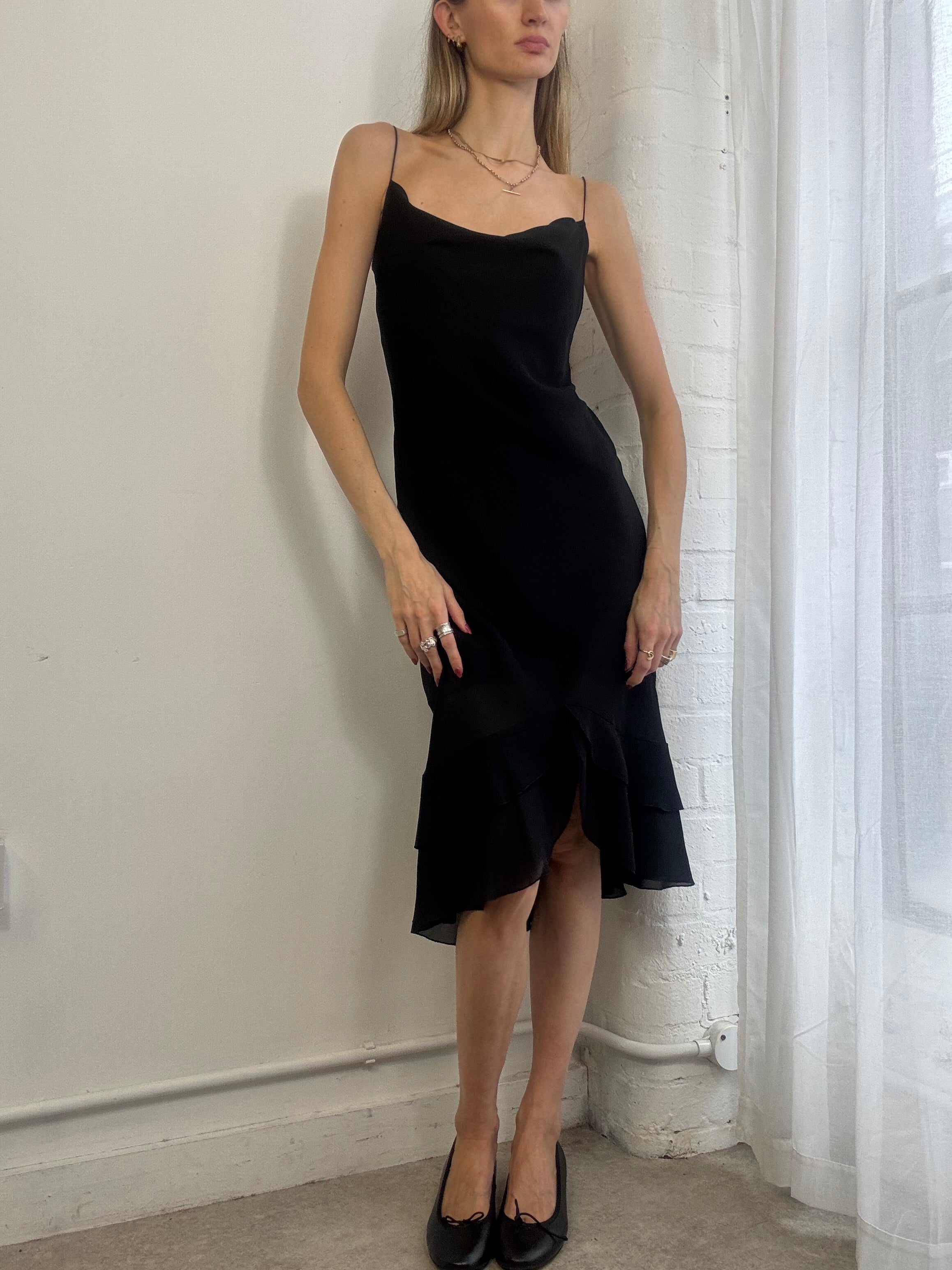 Vintage 90s Black Mesh Cowl Neck Slip Dress Ruffle