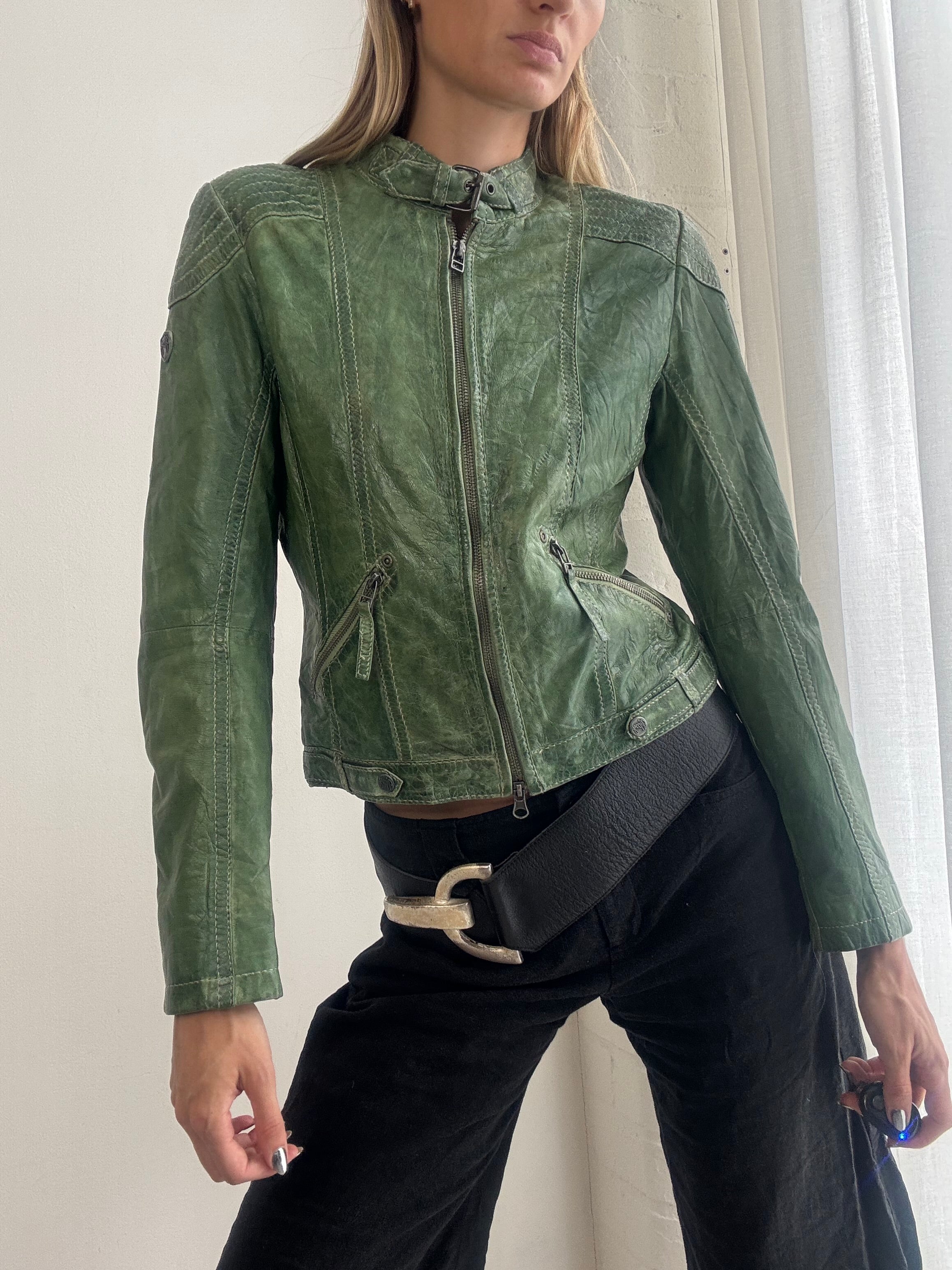 Vintage Y2k Green Leather Distressed Jacket – Fitted Zip-Up Biker Jacket - Size XS/S