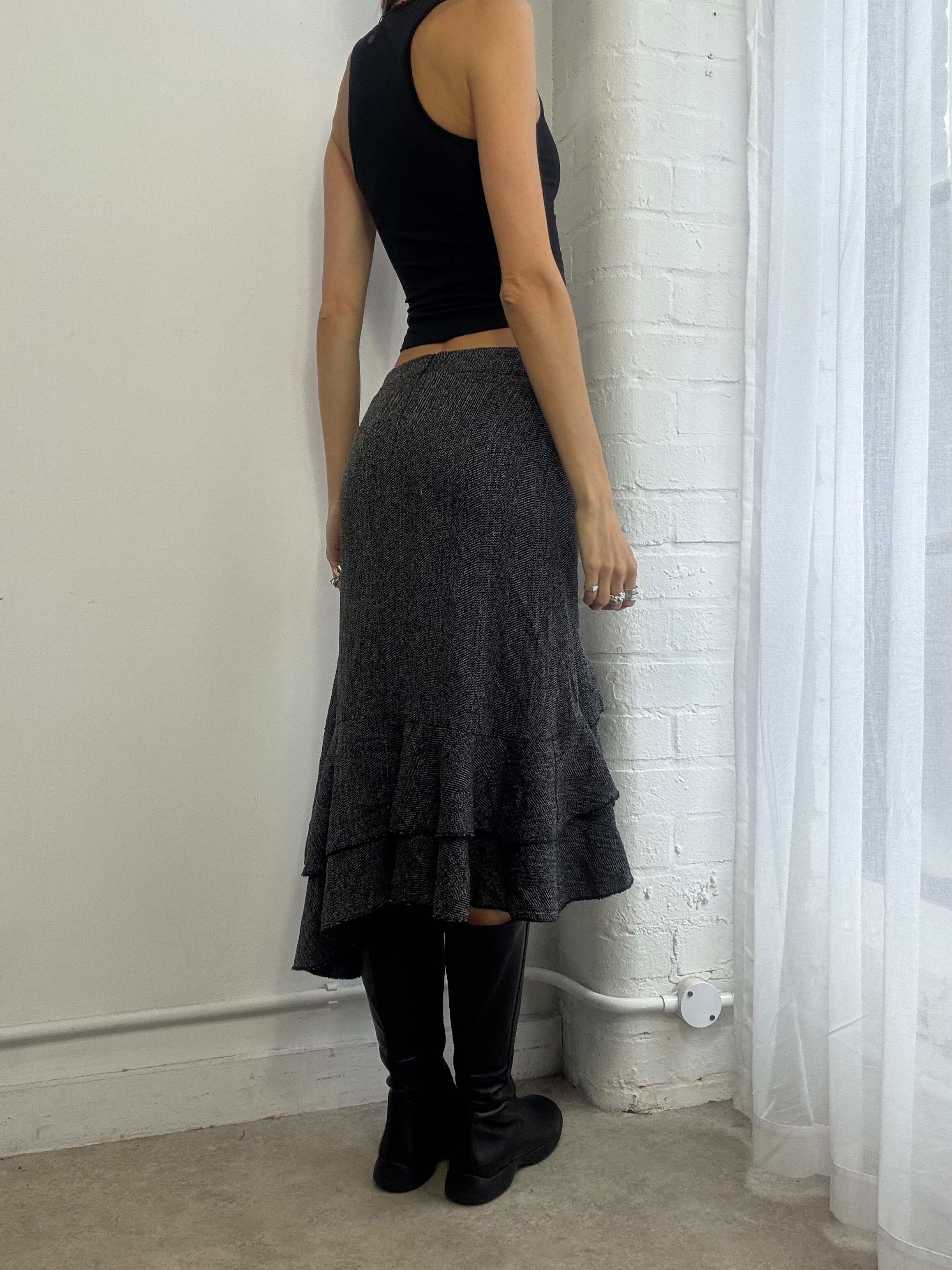 Vintage Y2K grey woven midi skirt ruffle office