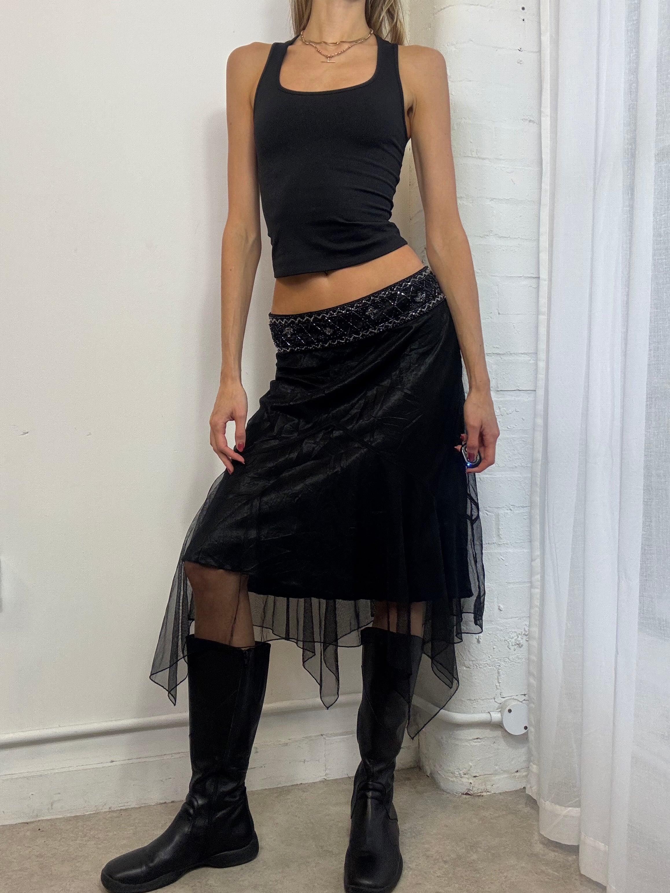 Vintage Y2K black mesh midi skirt beaded