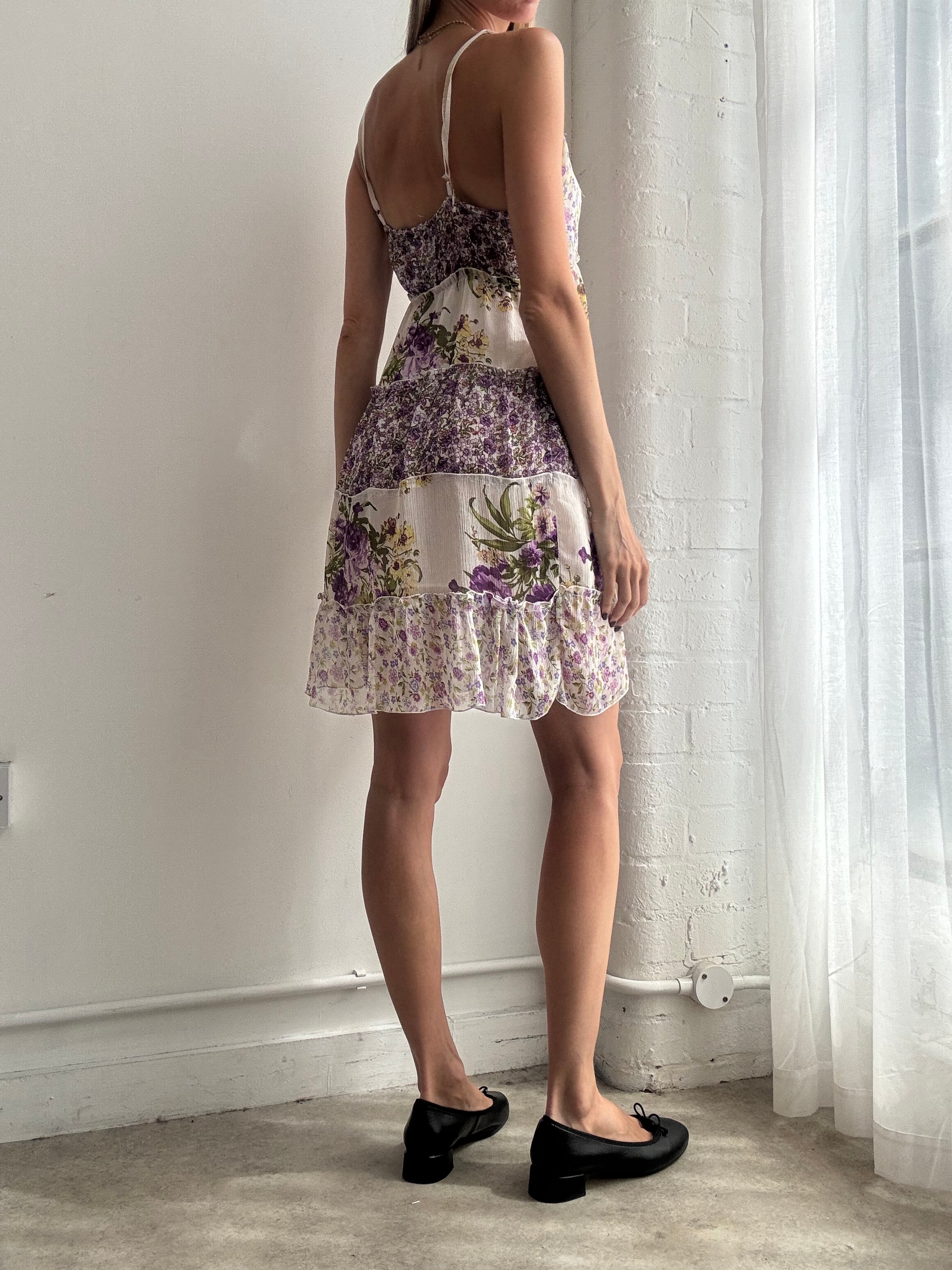 Vintage Y2K lilac floral chiffon babydoll mini dress - Size S