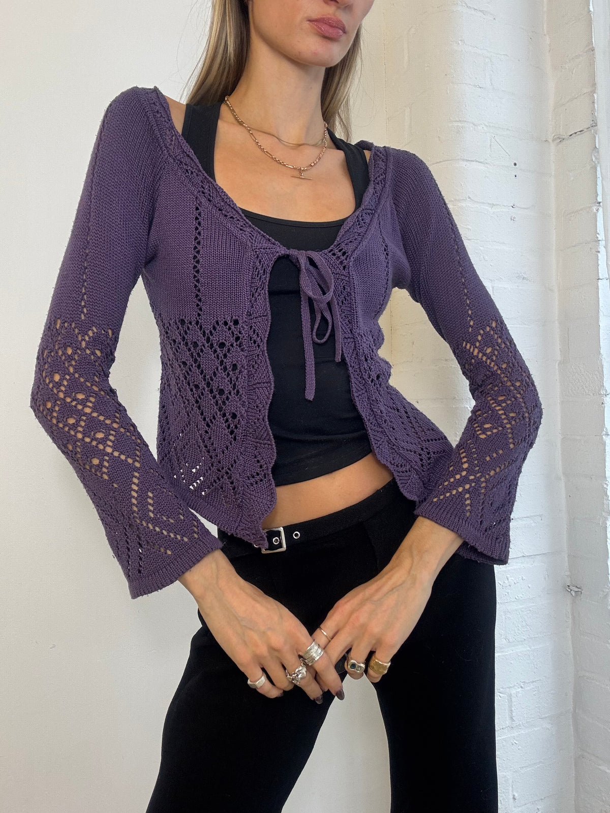 Vintage Y2K Purple Pointelle Knit Tie Front Cardigan - Size S