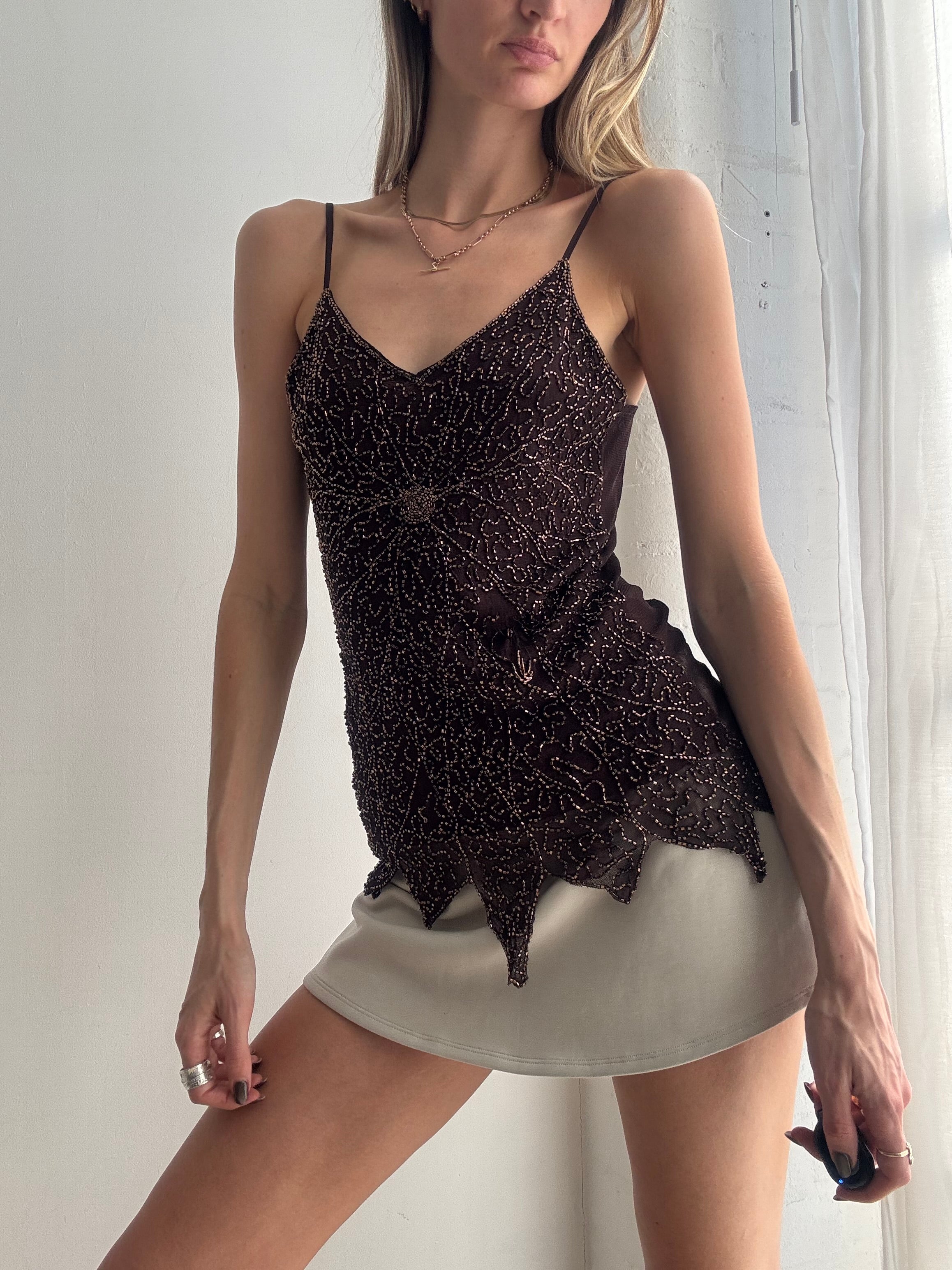Vintage Y2K brown beaded handkerchief cami top - Size M