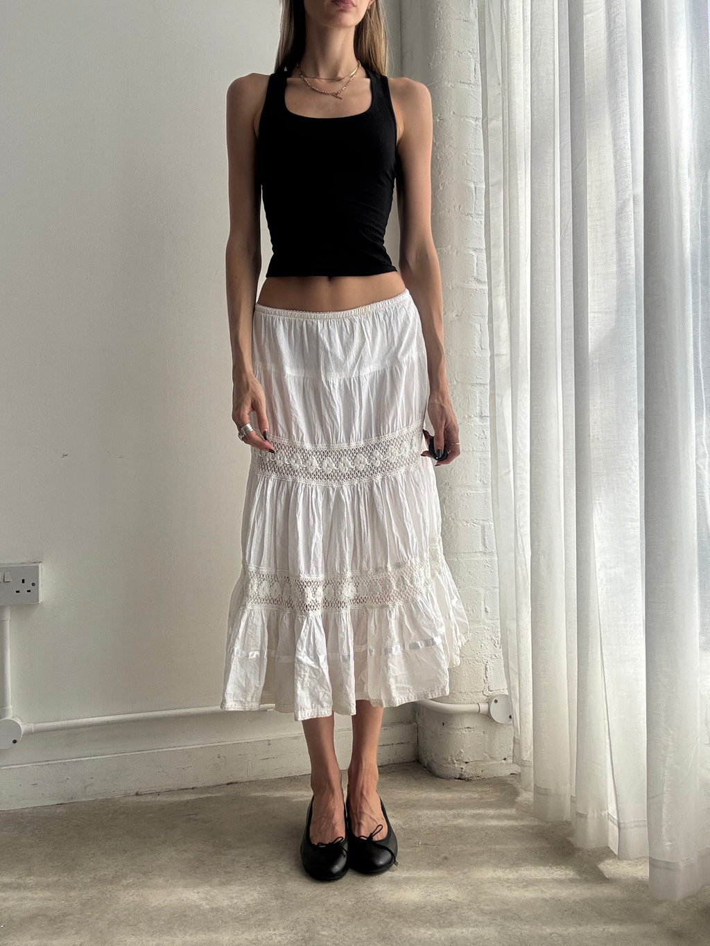 Vintage white tiered prairie midi skirt - size XS/S