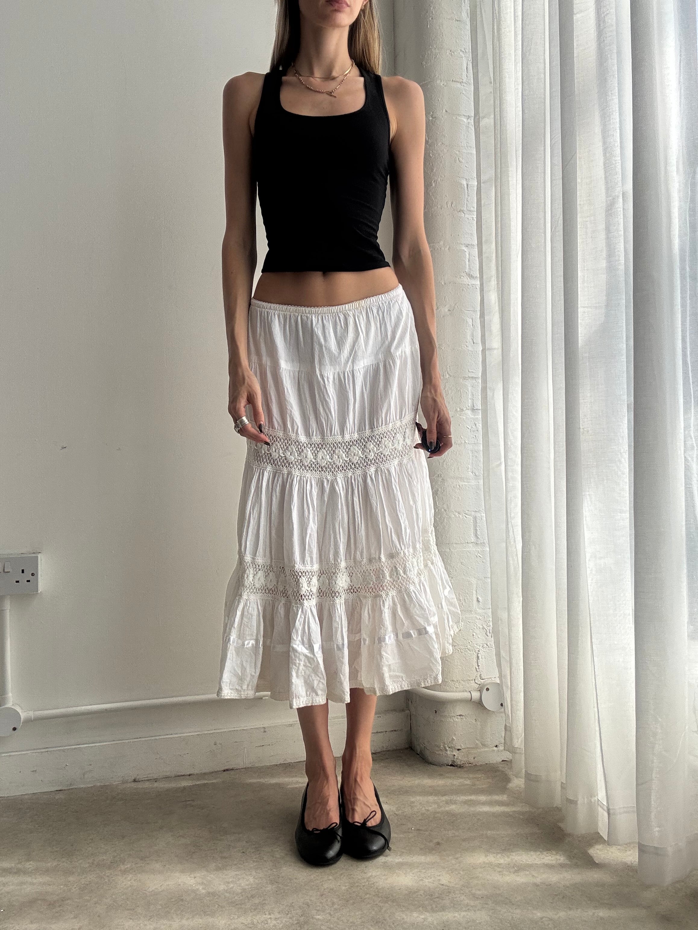 Vintage white tiered prairie midi skirt - size XS/S