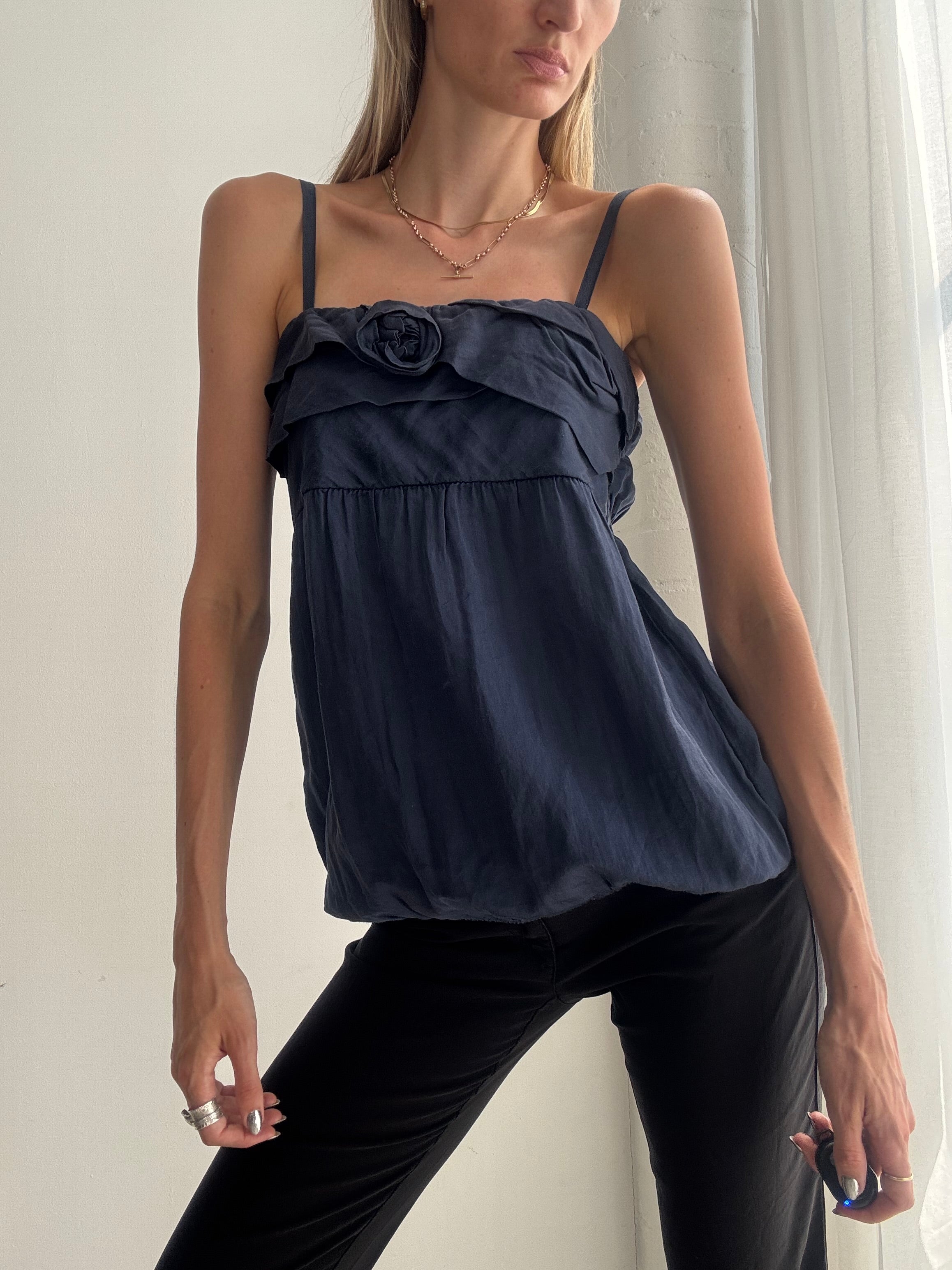 Vintage Y2K Navy Cami Top – Floral Rosette Babydoll Top - Size XS/S