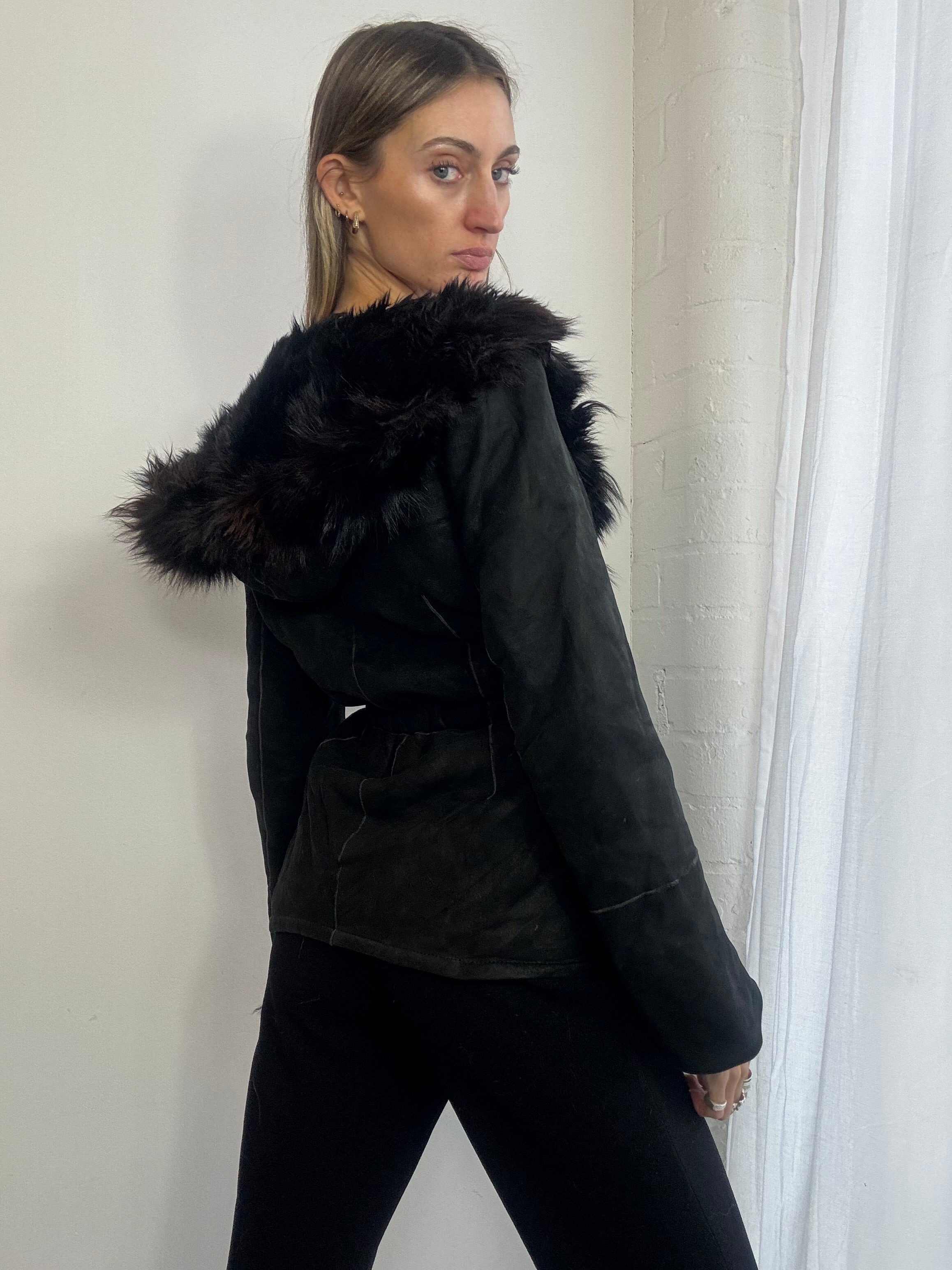 Vintage Y2K black suede sheepskin hooded coat fur trim