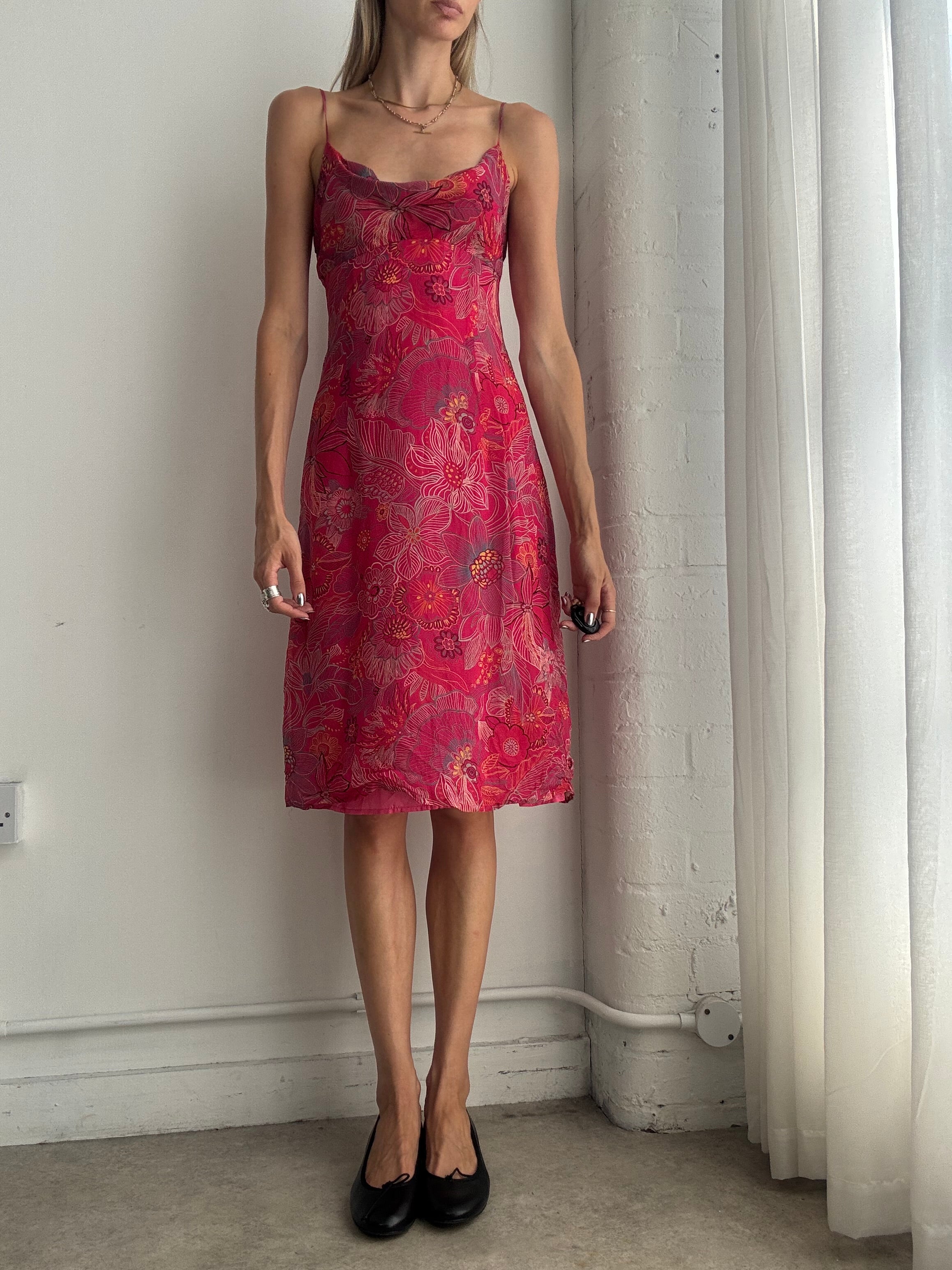Vintage Y2K Pink Floral Silk Slip Midi Dress – Size M