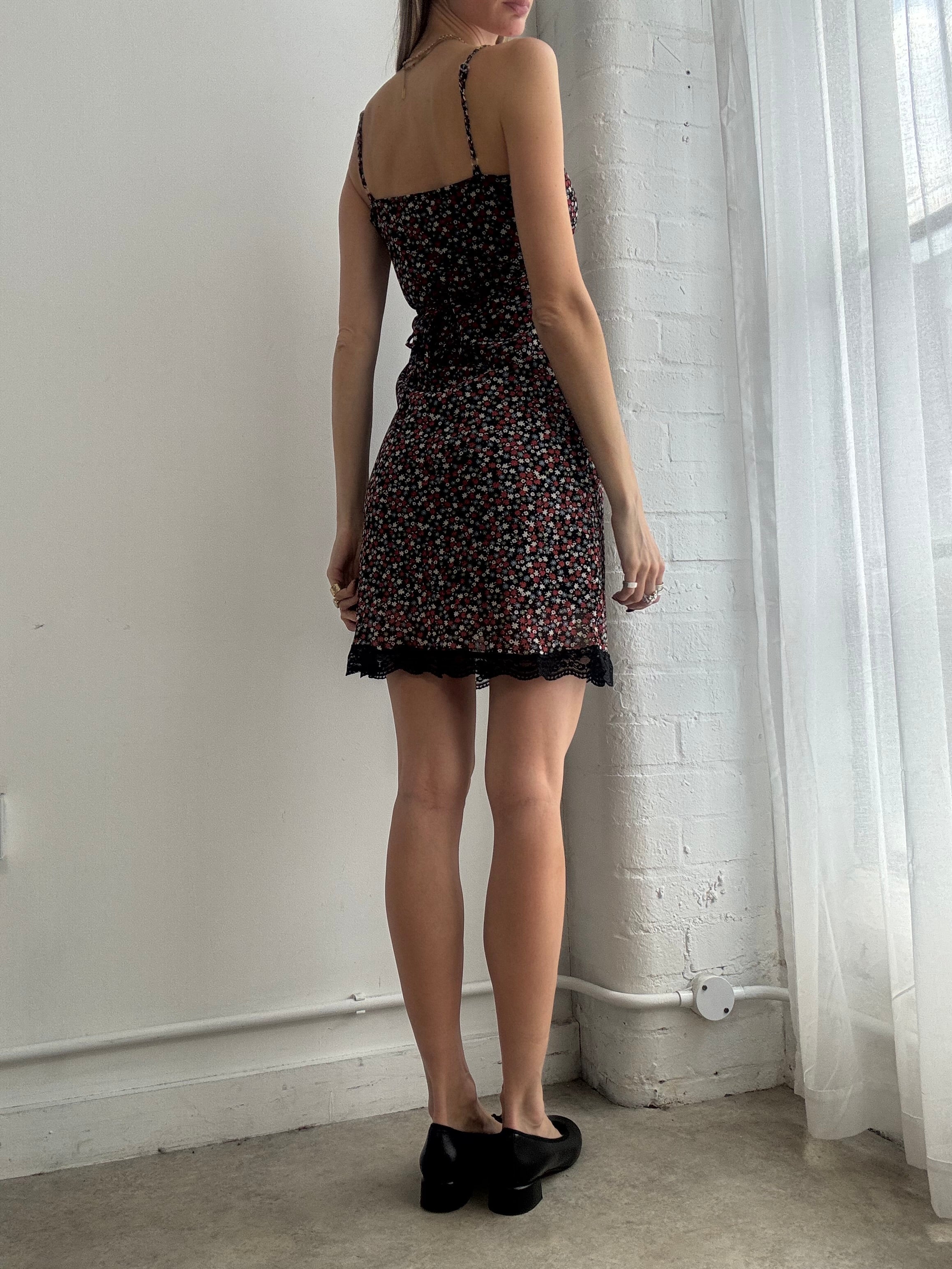 Vintage y2k black floral mesh slip mini dress - Size XS/S