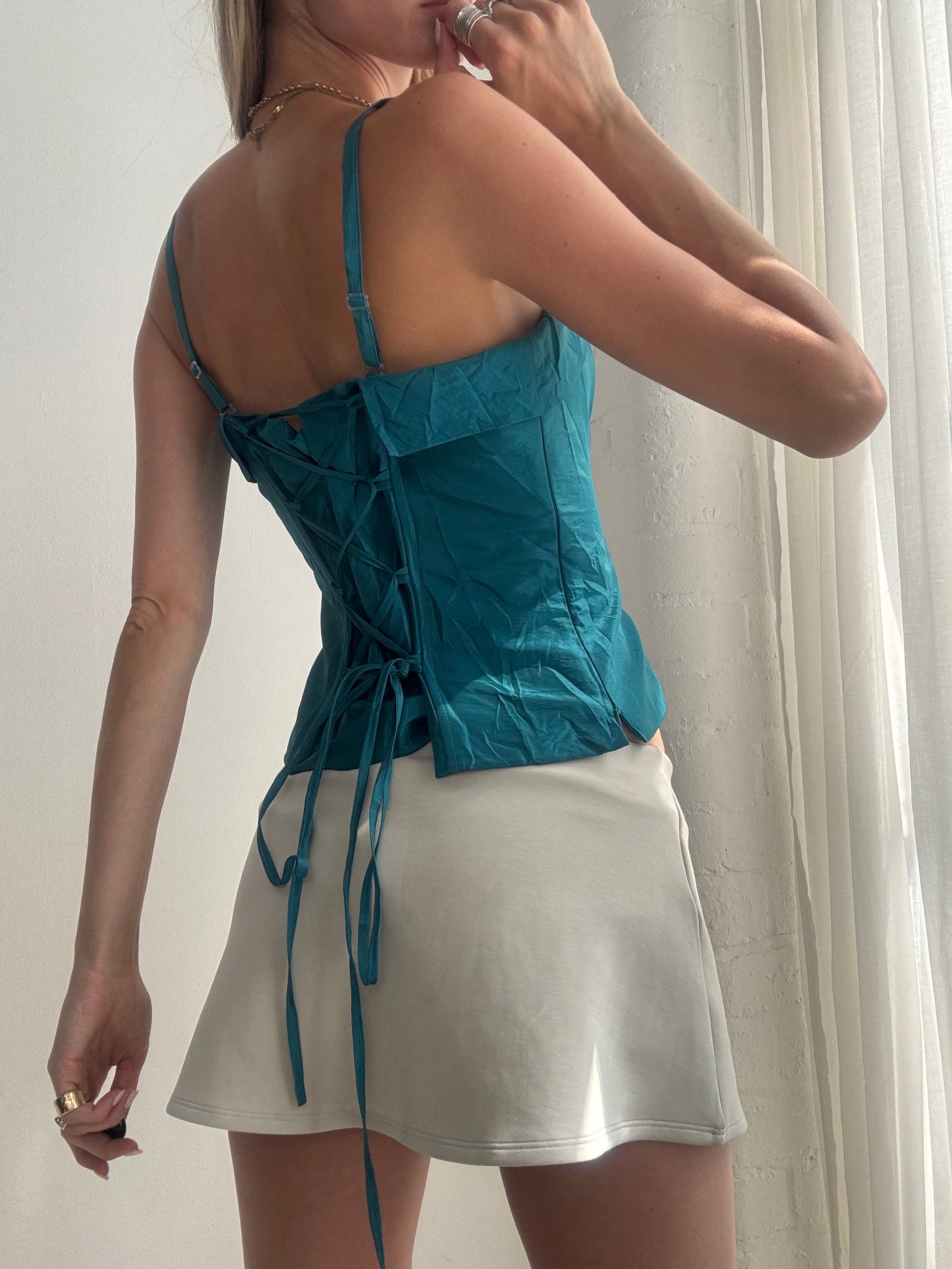 Vintage Y2K Teal Lace-Up Corset Cami Top - Size XS/S