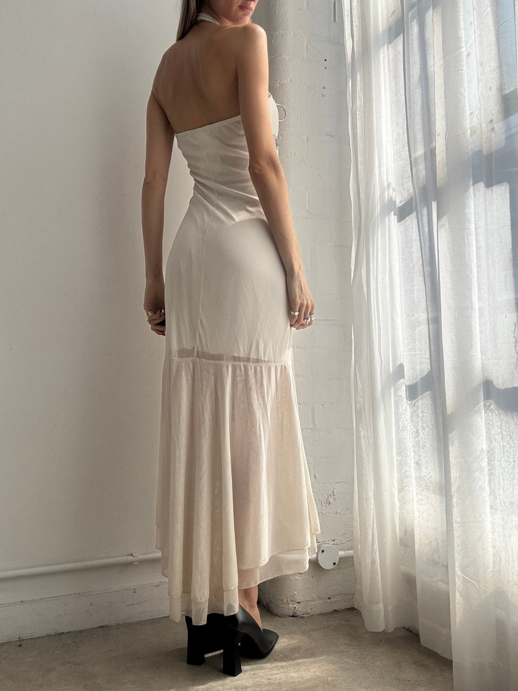 Vintage Y2K cream halter chiffon asymmetrical midi dress - Size L