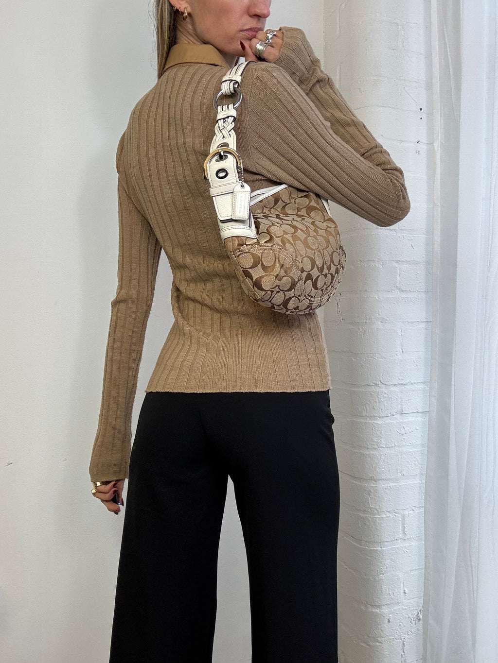 Vintage Y2K knitted jumper faux leather trim