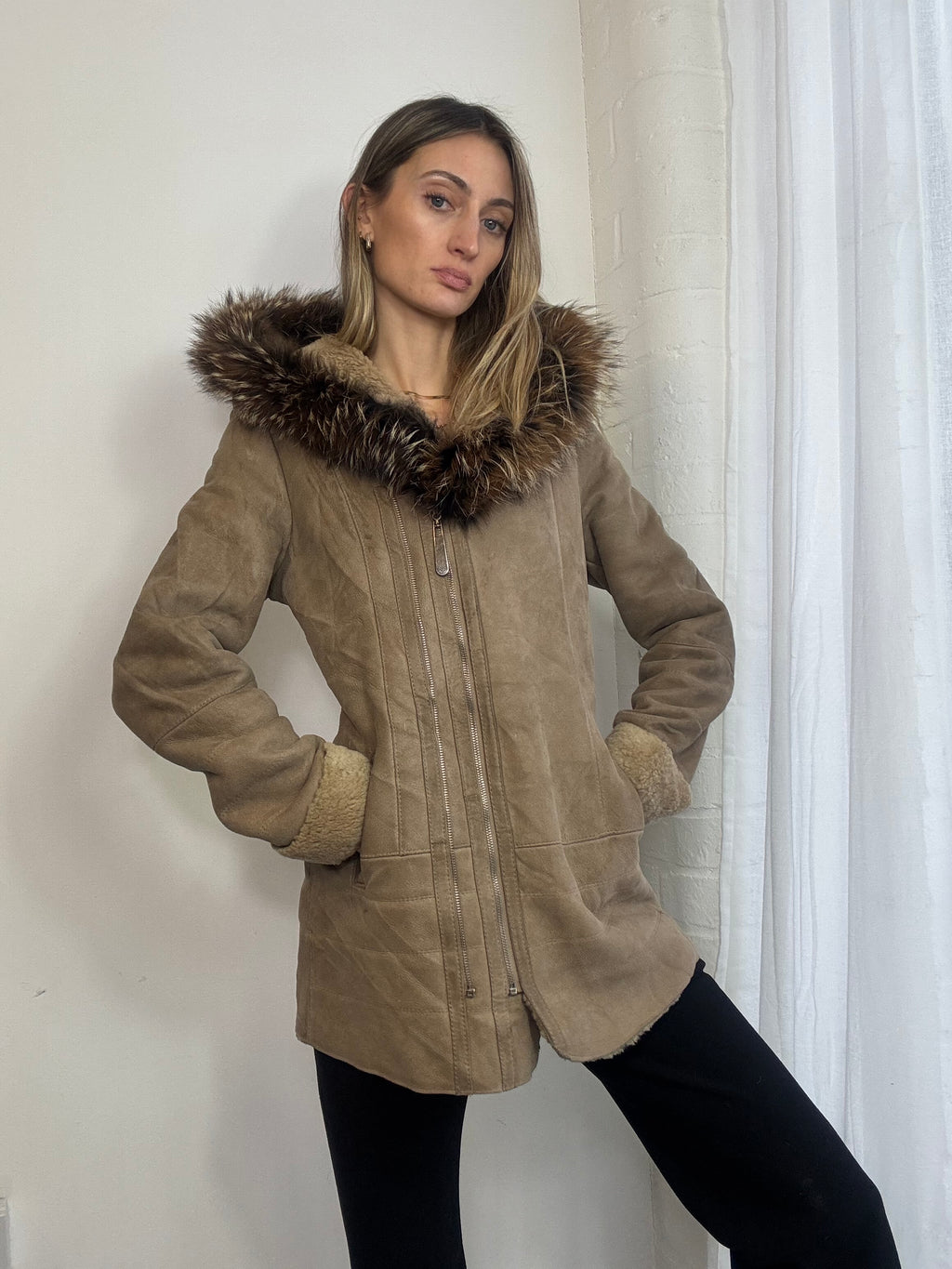 Vintage Y2K brown suede zip up hooded coat fur trim