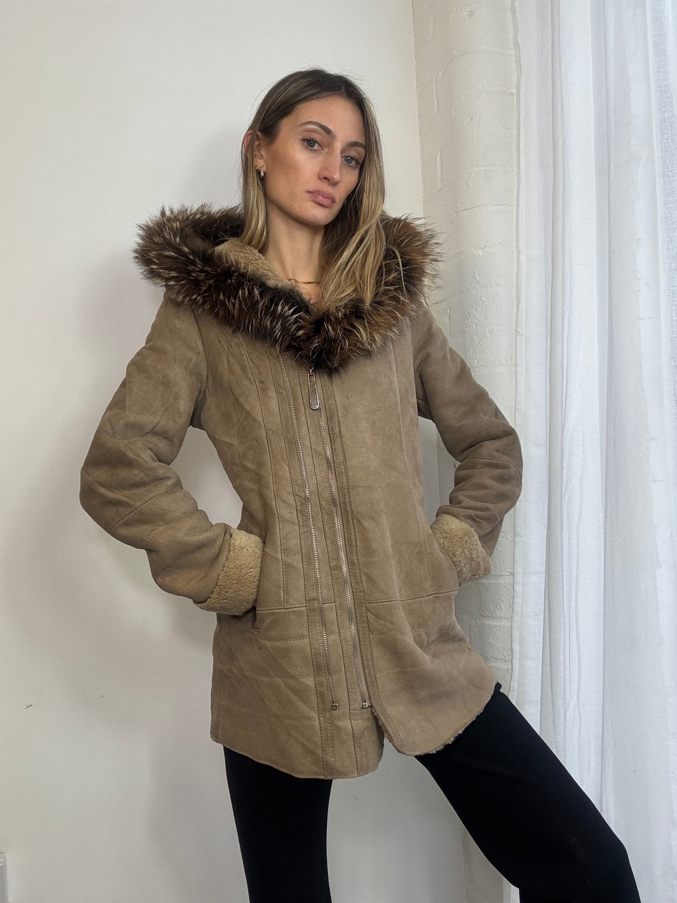 Vintage Y2K brown suede zip up hooded coat fur trim