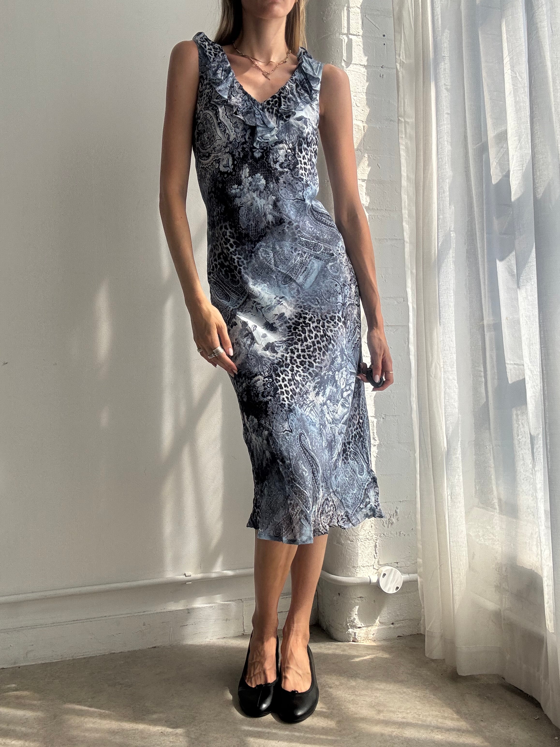 Vintage Y2K Blue Paisley Mesh Midi Dress - Size M