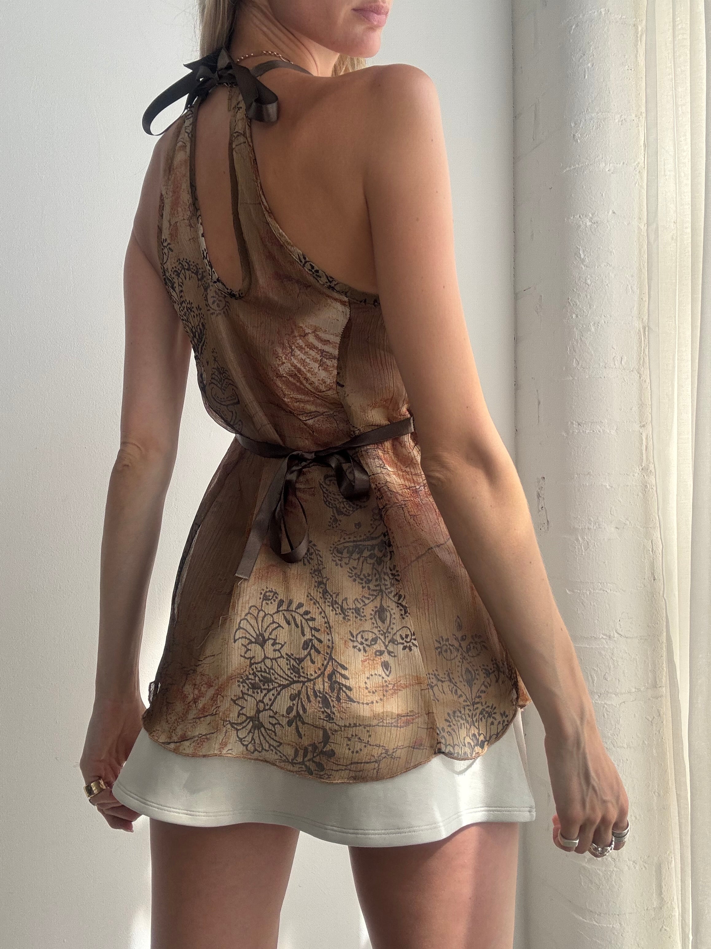 Vintage Y2K Brown Paisley Mesh Halterneck Top - Size S