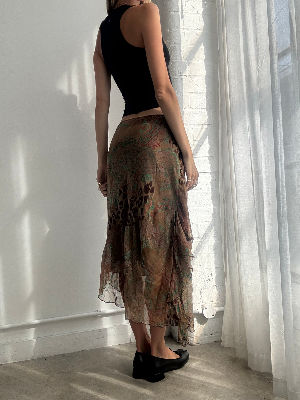 Vintage Y2K Brown Abstract Paisley Animal Print Mesh Asymmetric Midi Skirt - Size M/L