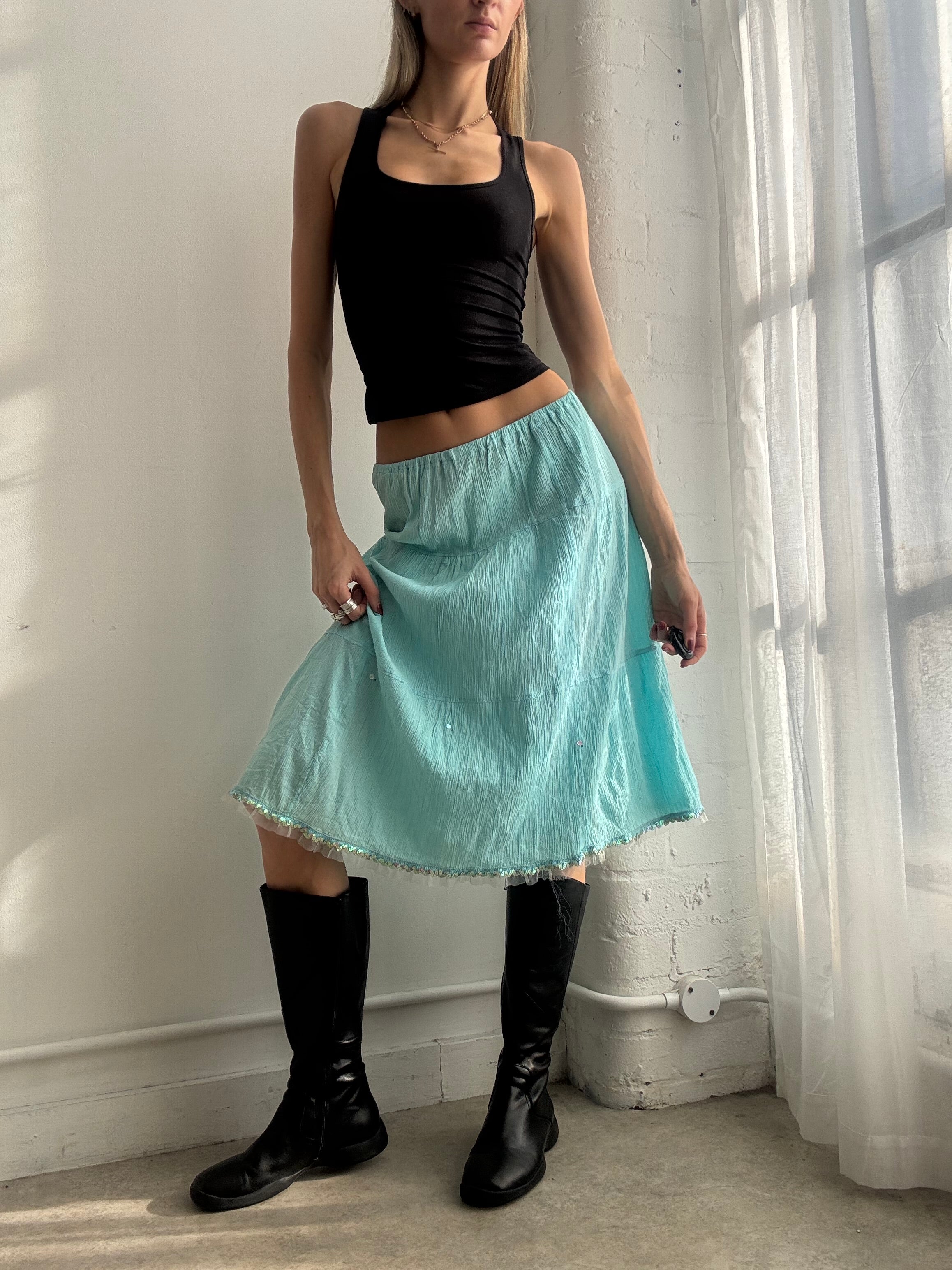 Vintage Y2K turquoise tiered cotton midi skirt sequin