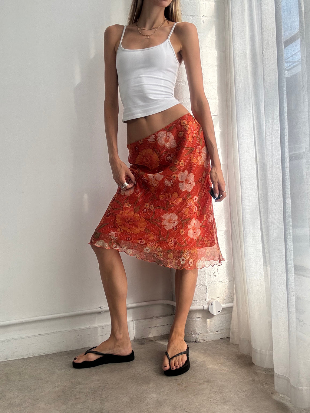 Vintage Y2K Red Orange Floral Mesh Bias Cut Midi Skirt - Size S