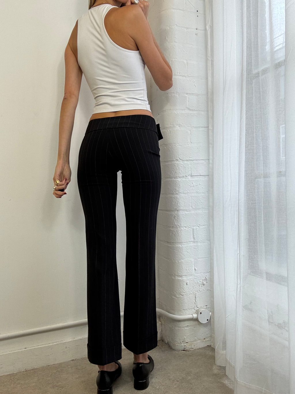 Vintage Y2K low rise black & pink pinstripe trousers
