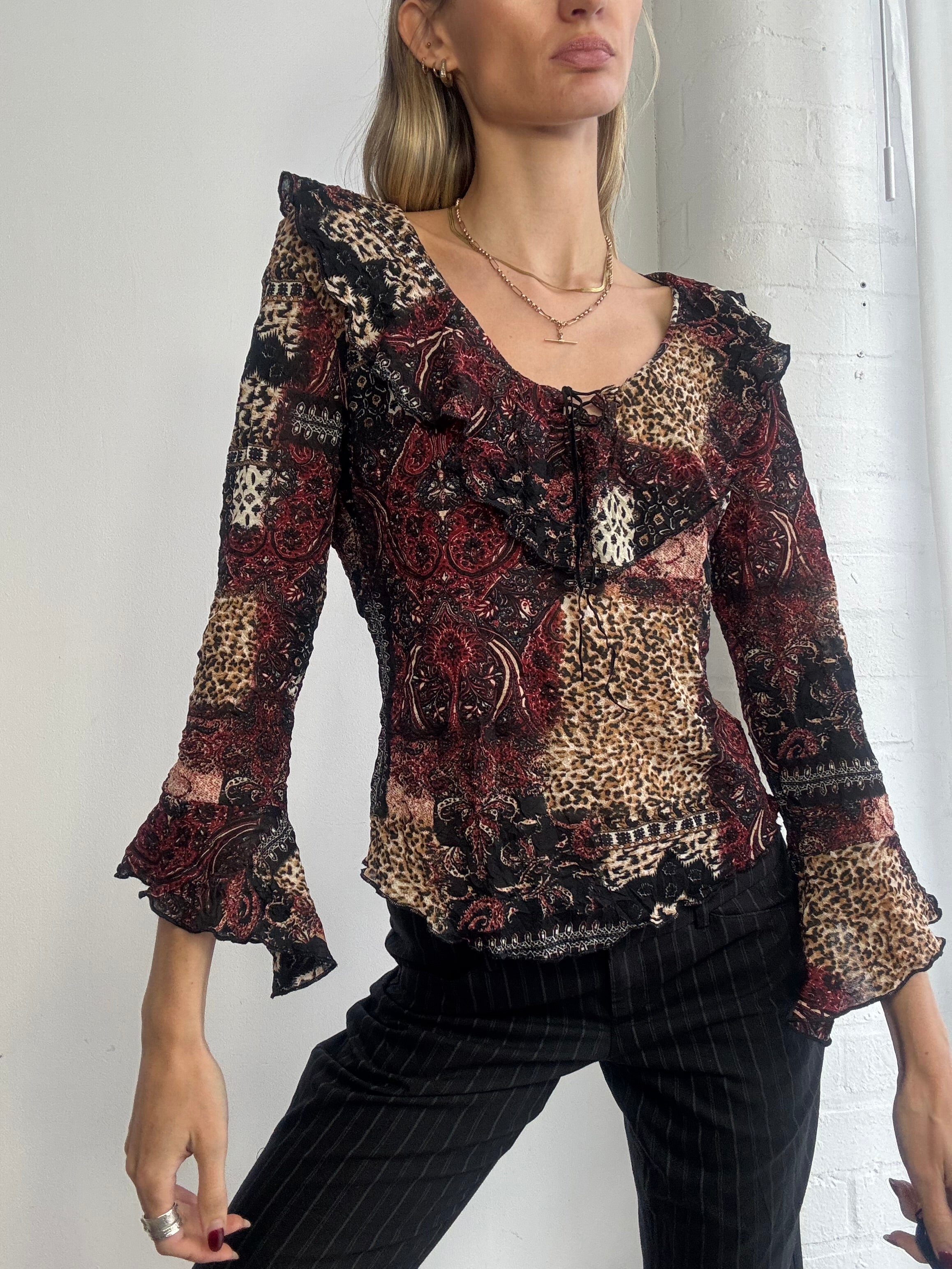 Vintage Y2K burgundy animal print ruffle blouse