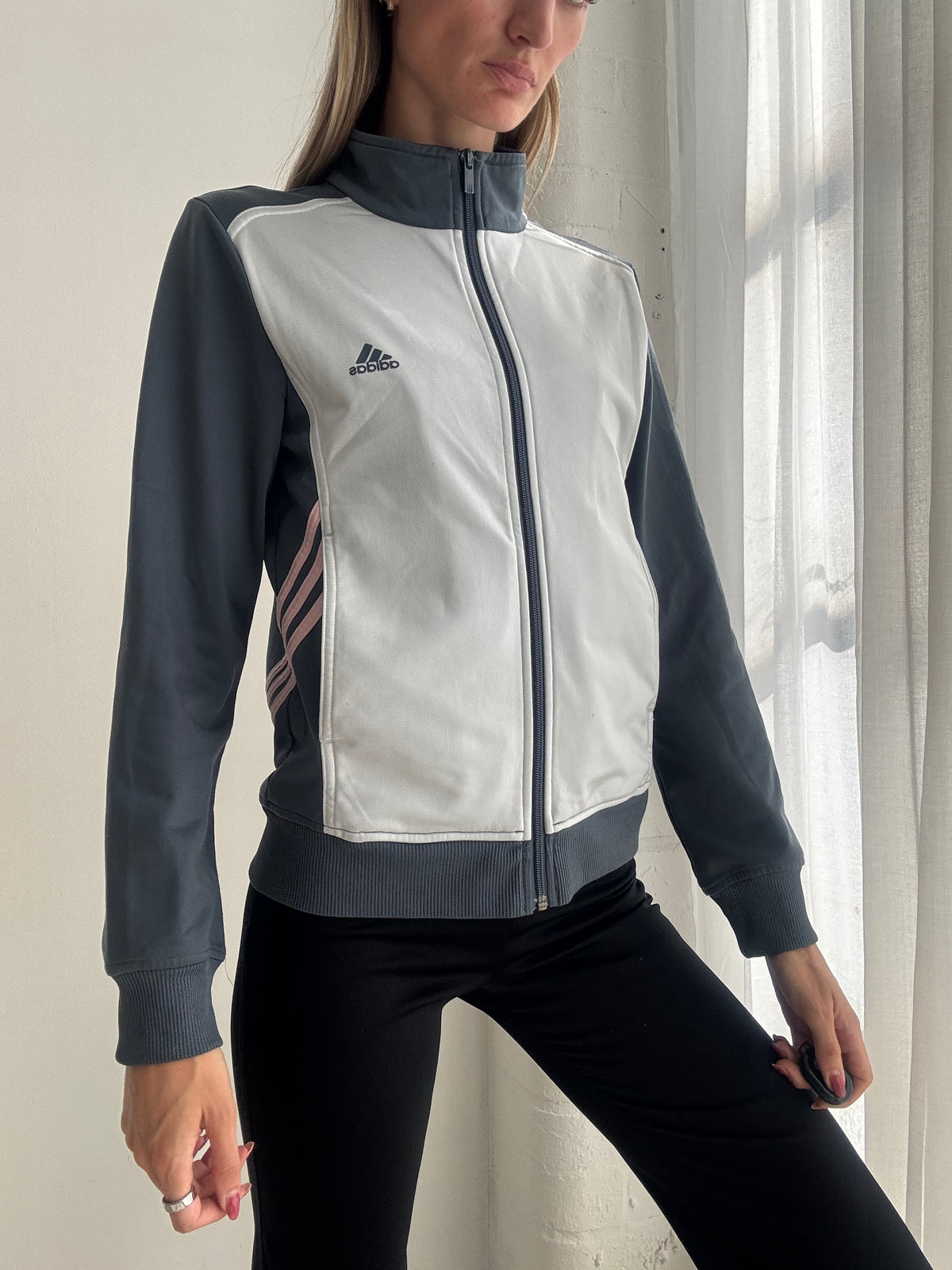 Vintage Y2K Adidas Grey & Blue Track Jacket - Size S