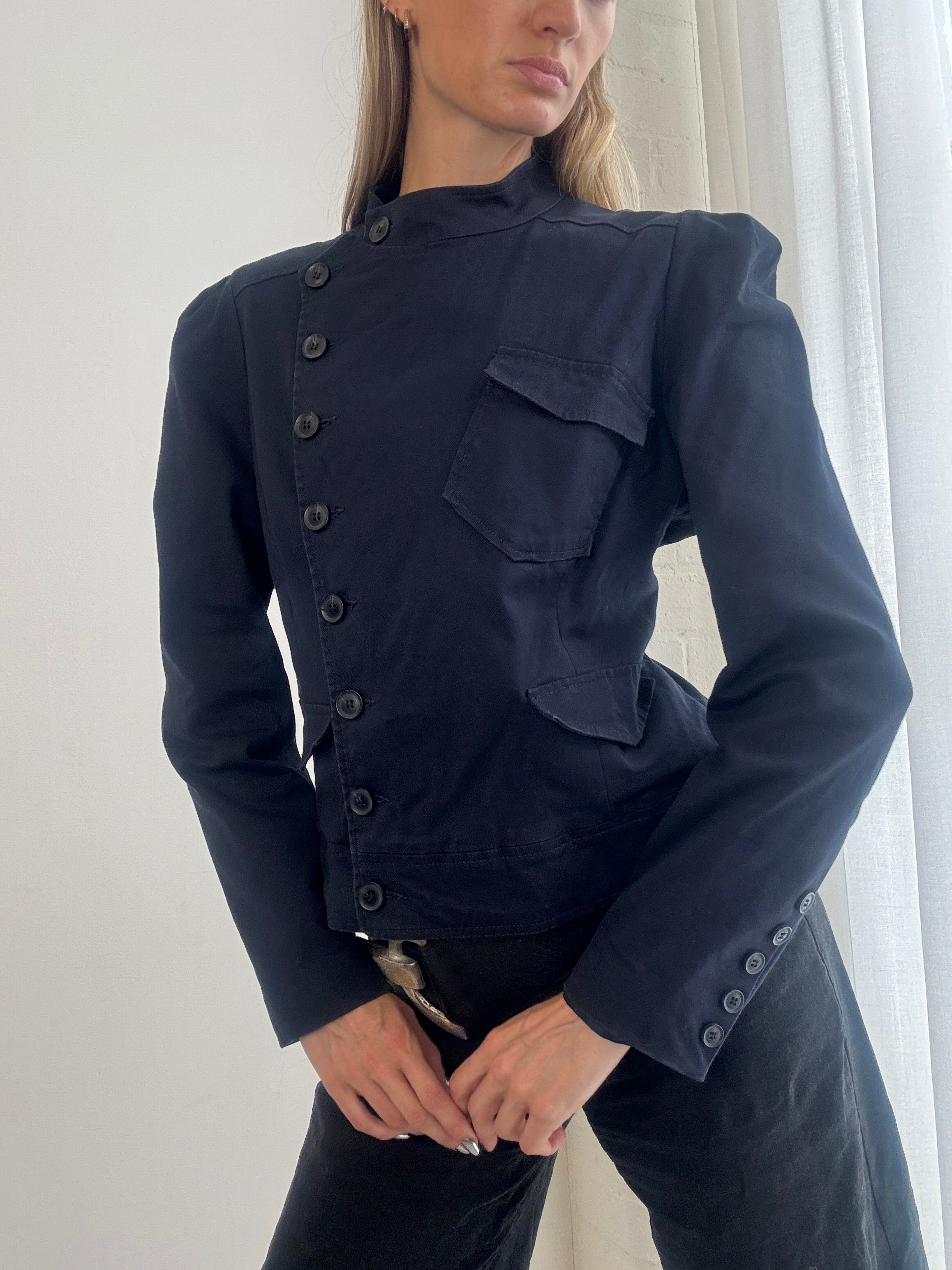 Vintage Y2K Military Style Asymmetric Fitted Jacket – Navy Structured Button-Up Blazer - Size L