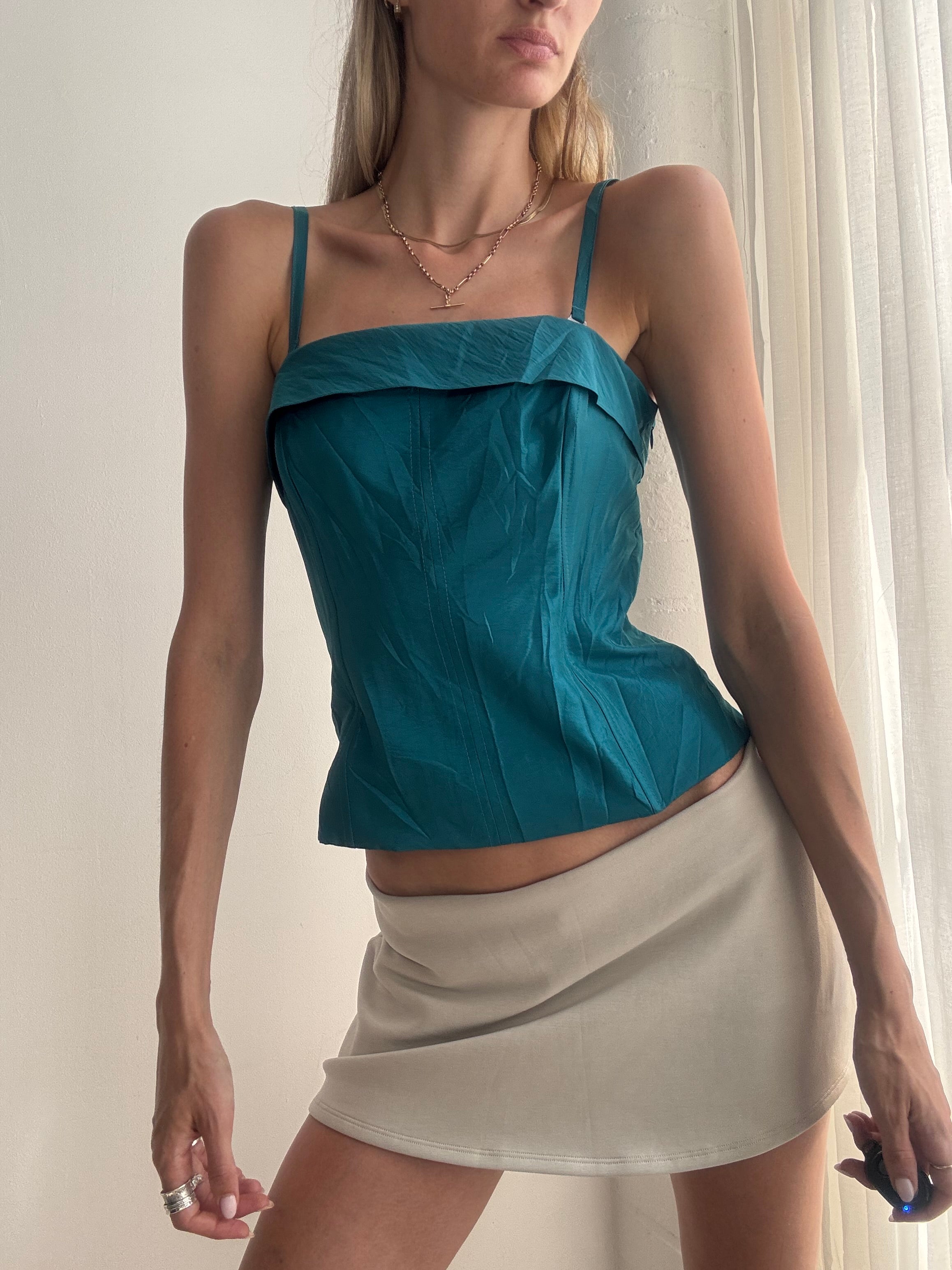 Vintage Y2K Teal Lace-Up Corset Cami Top - Size XS/S