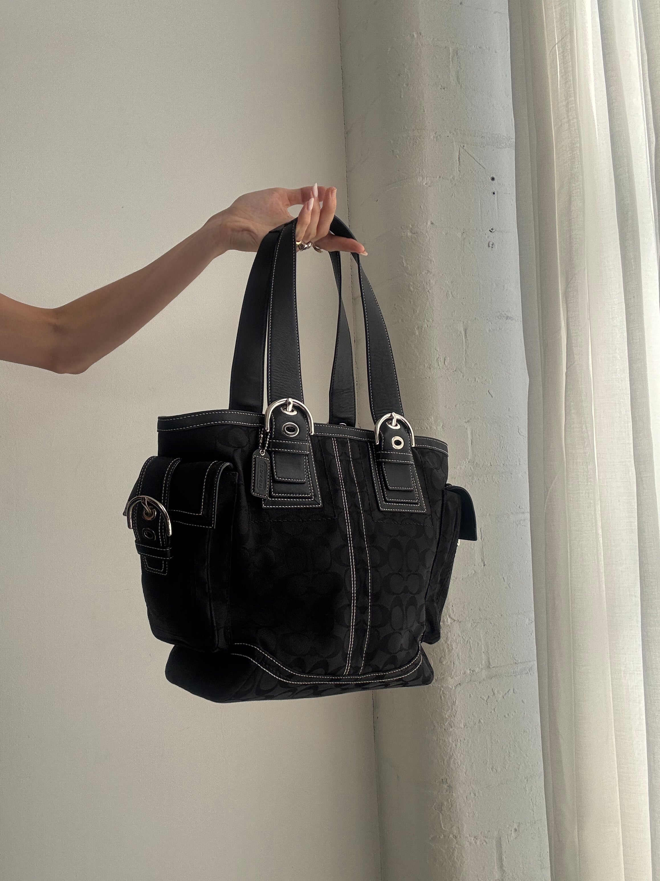 Vintage Y2K Coach Signature Tote Bag – Black Monogram Canvas Shoulder Handbag