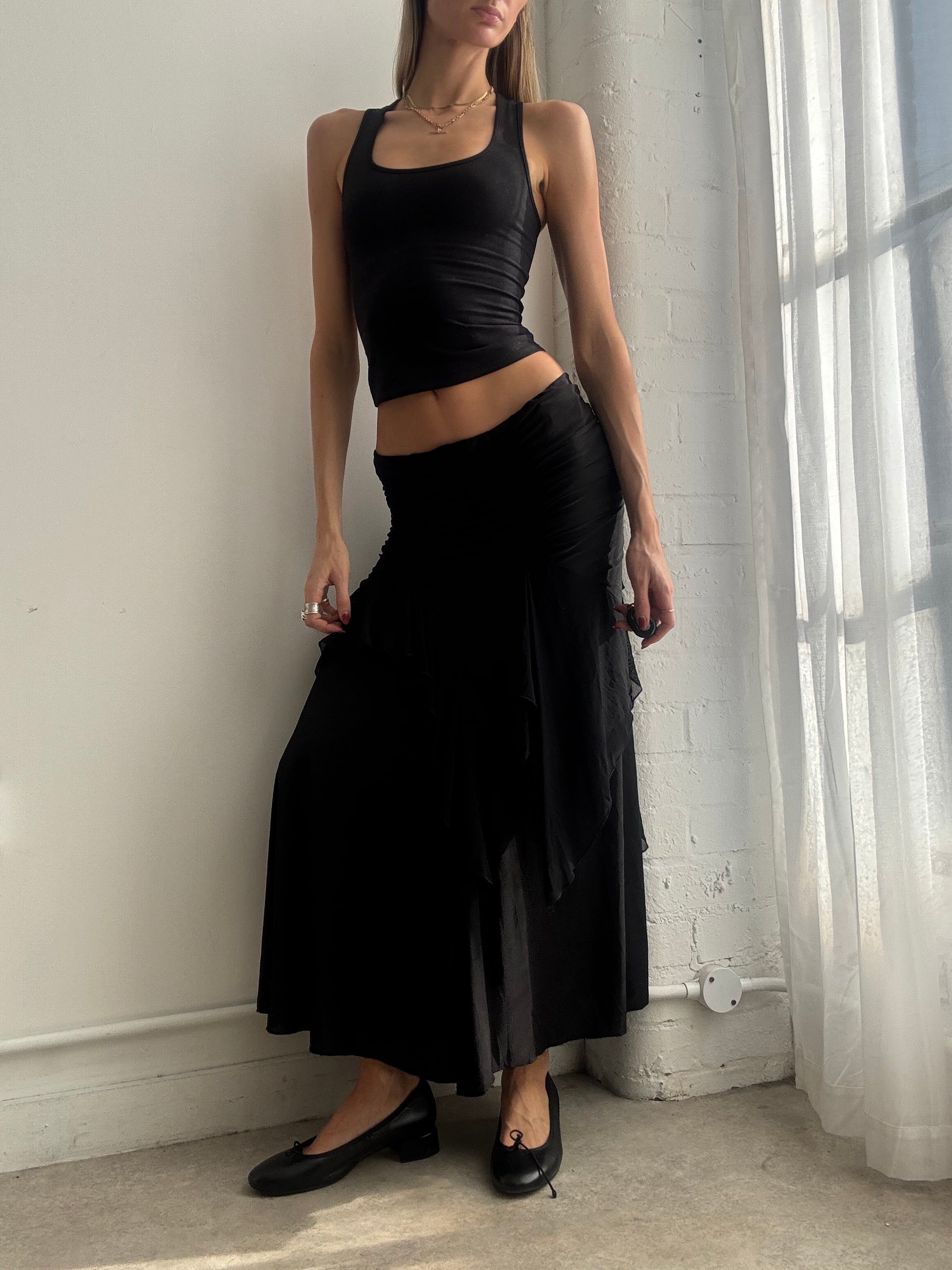 Vintage Y2K black ruched slinky maxi skirt