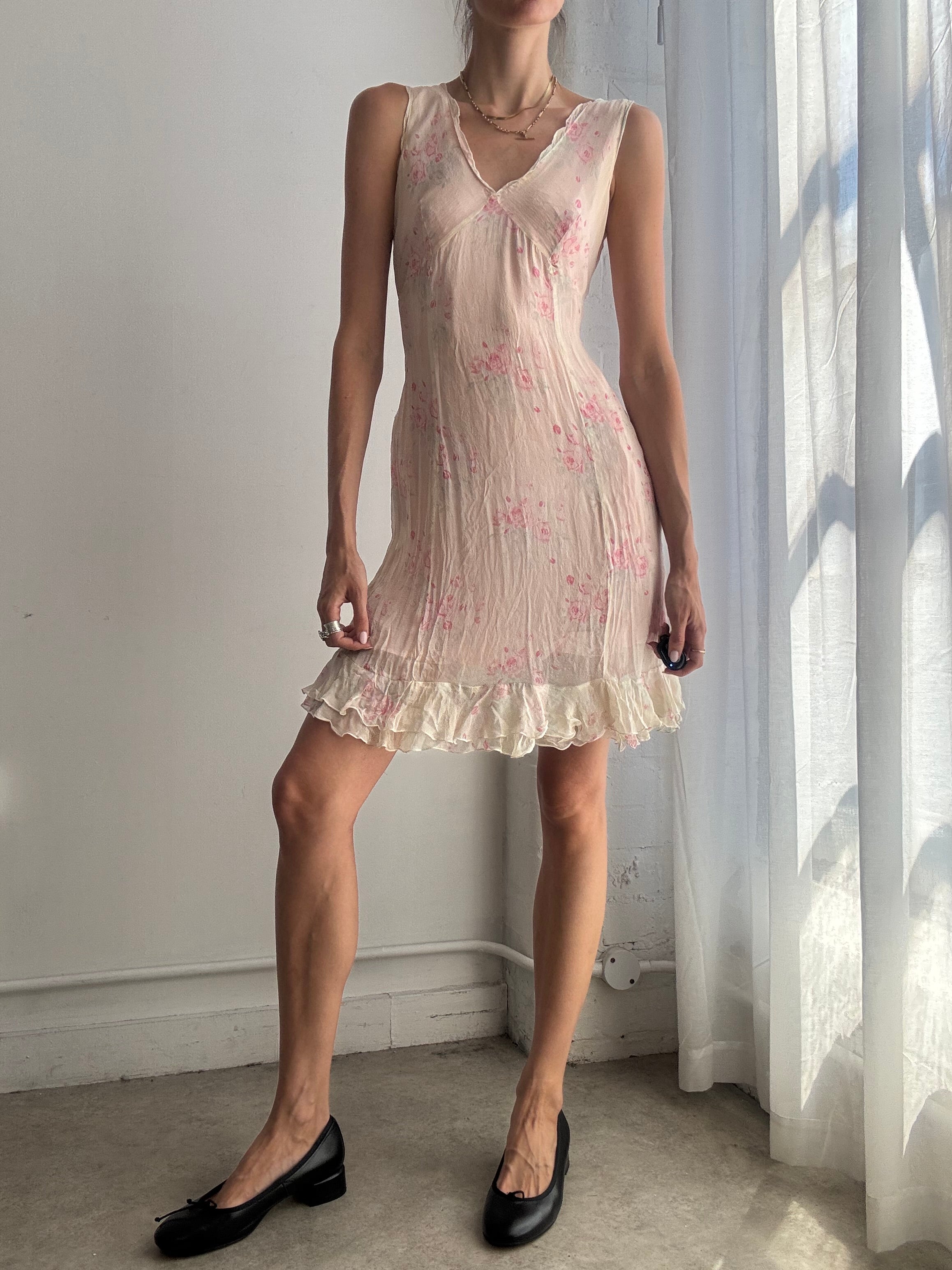 Vintage Max & Co Pink Floral Ruffle Silk Mini Dress Y2K - Size M
