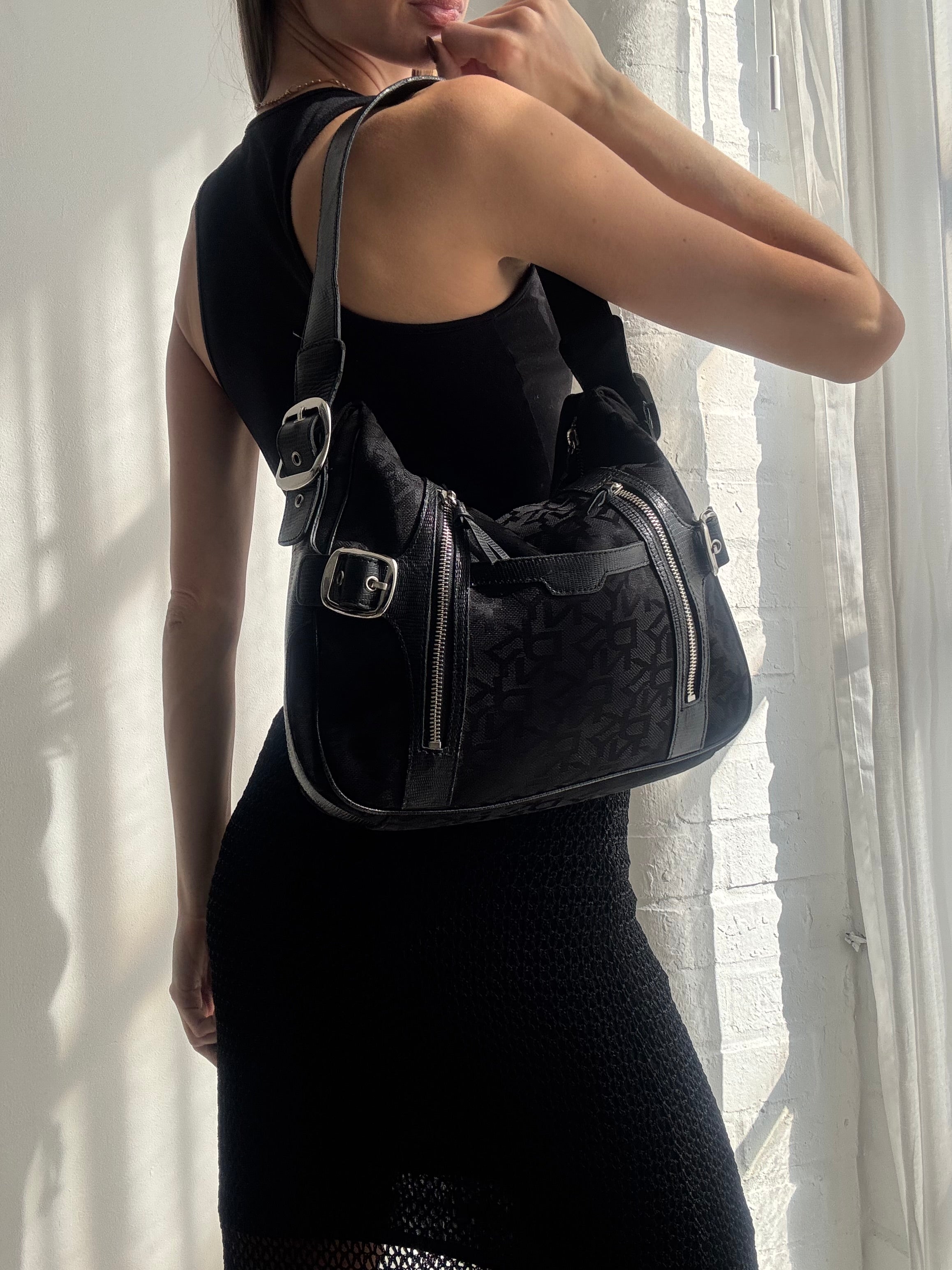 Vintage Y2K DKNY black monogram buckle shoulder bag