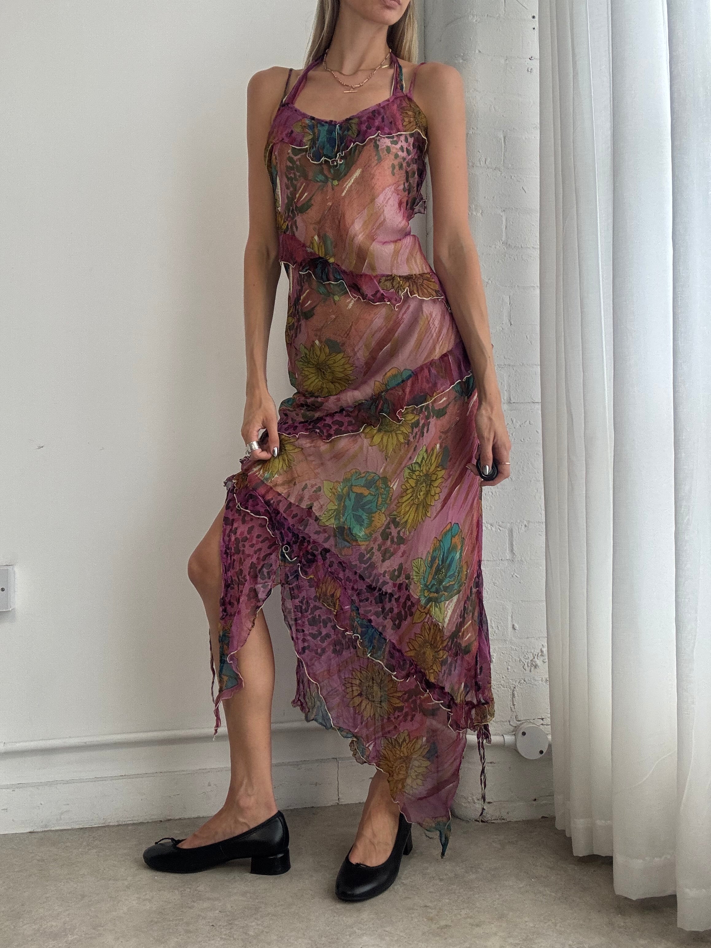 Vintage Y2K Floral Mesh Asymmetric Maxi Dress – Fairy Grunge Sheer Slip Dress - Size M
