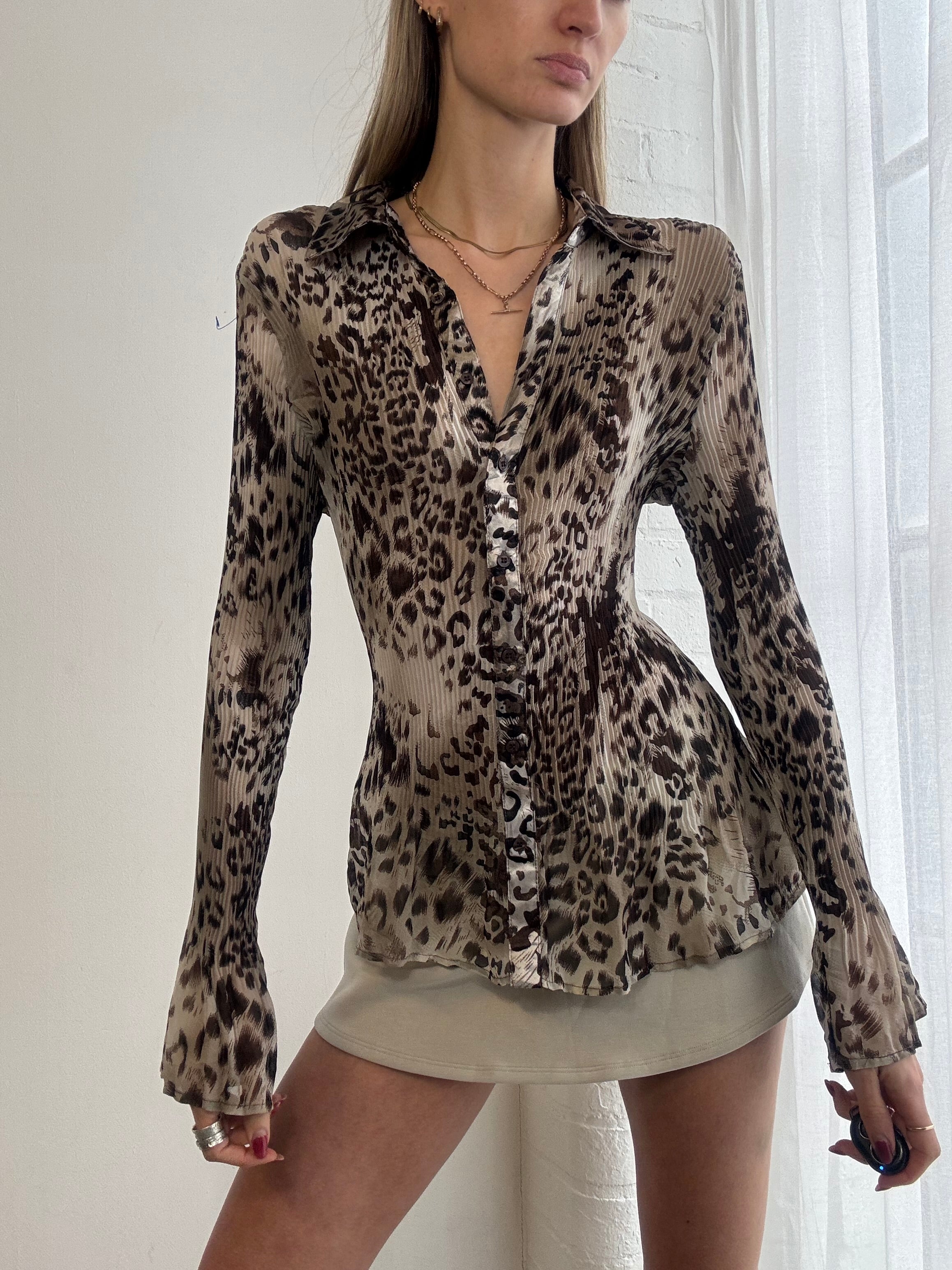 Vintage Y2K leopard print sheer blouse