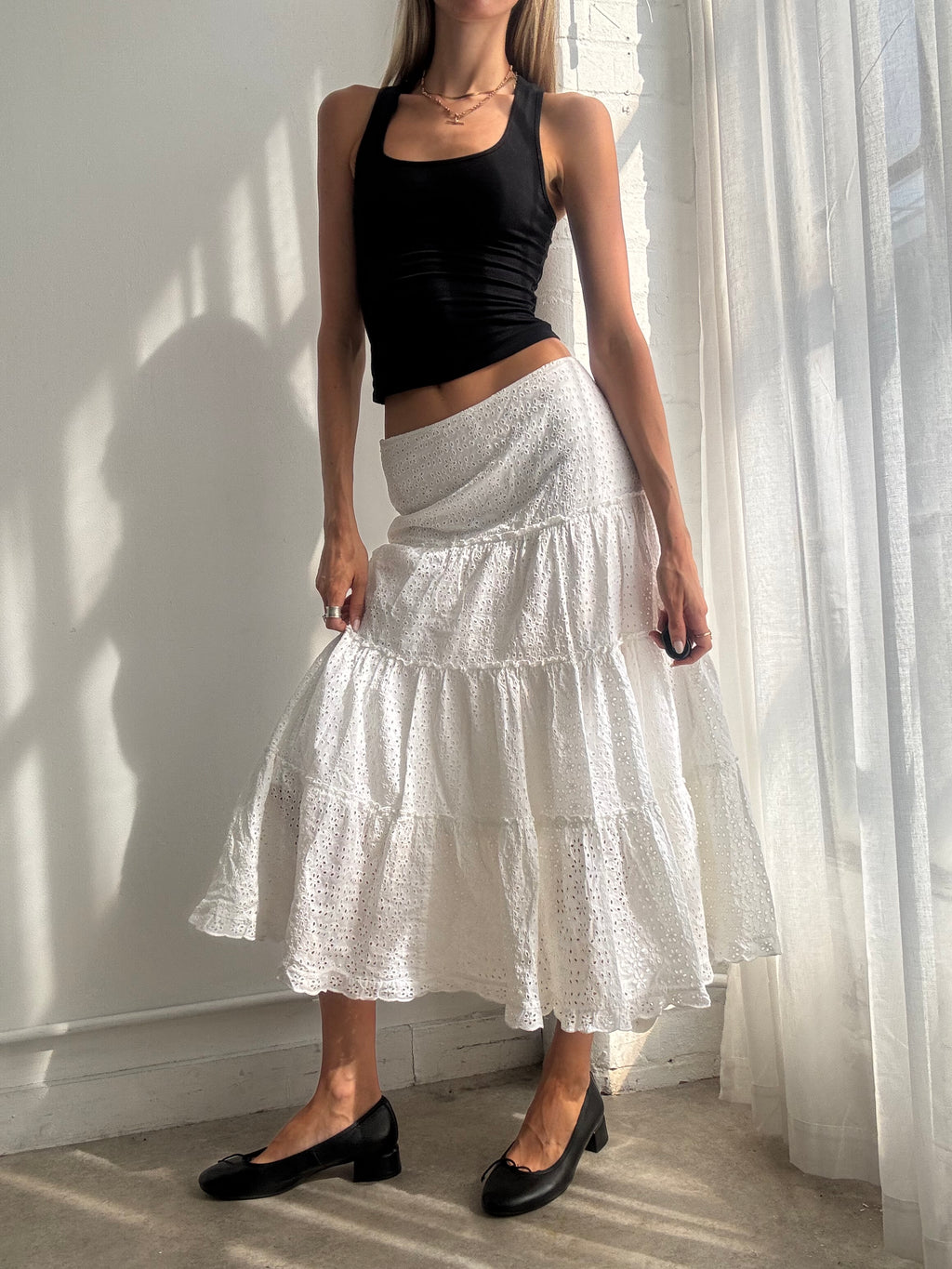Vintage Y2K White Broderie Tiered Cotton Maxi Skirt - Size XS