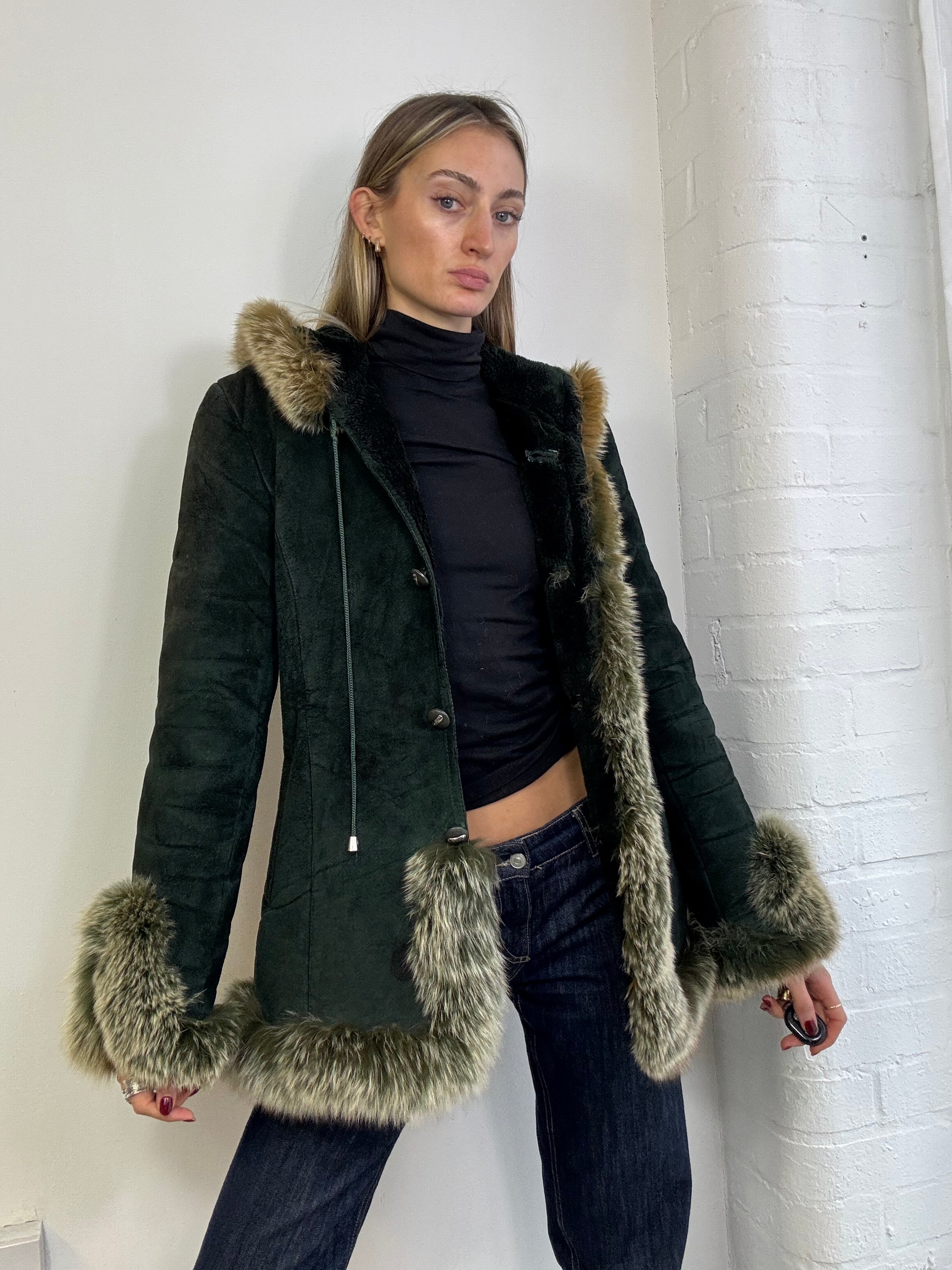 Vintage 90s sheepskin hooded coat