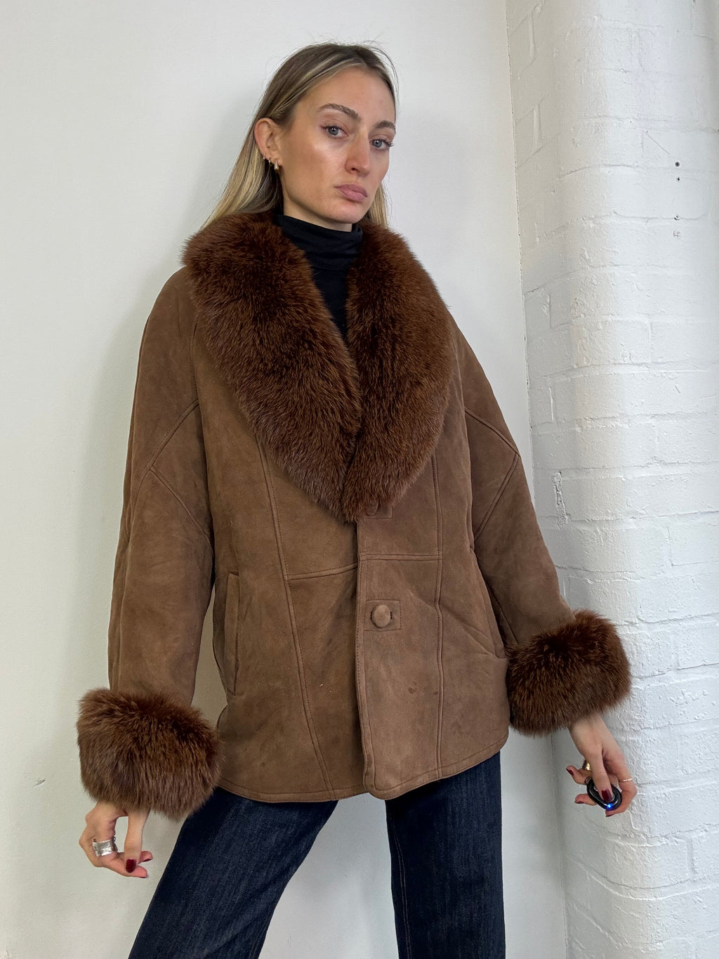 Vintage 90s sheepskin coat with fox fur trim