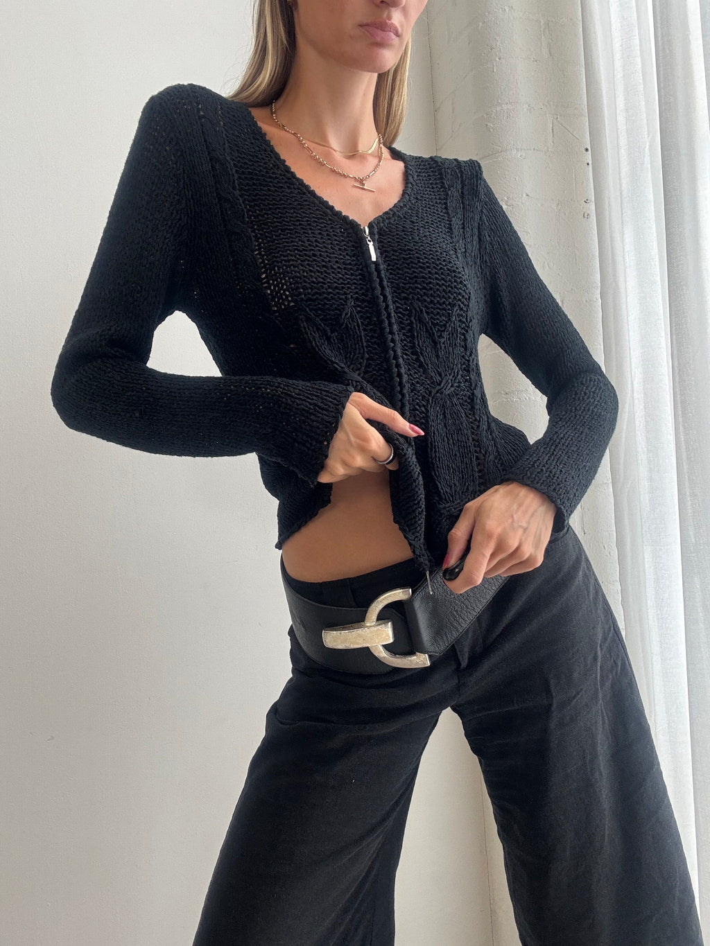 Vintage Y2K Black Knit Fitted Dual Zip Cardigan Jumper - Size M